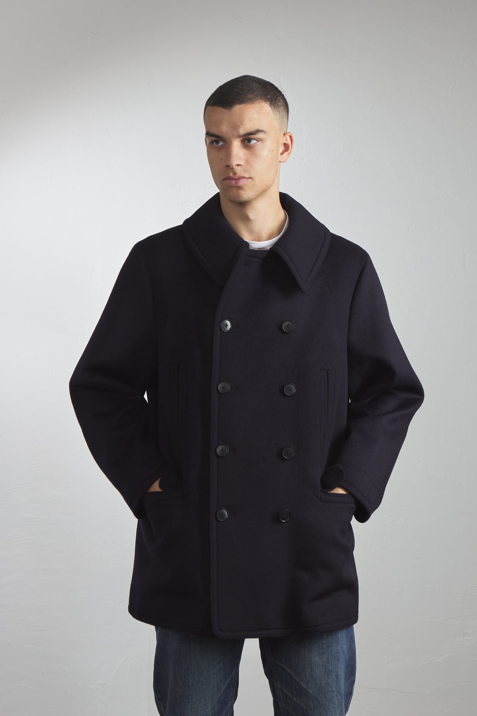 Kaptain Sunshine Pea Coat Cashmere Wool Navy