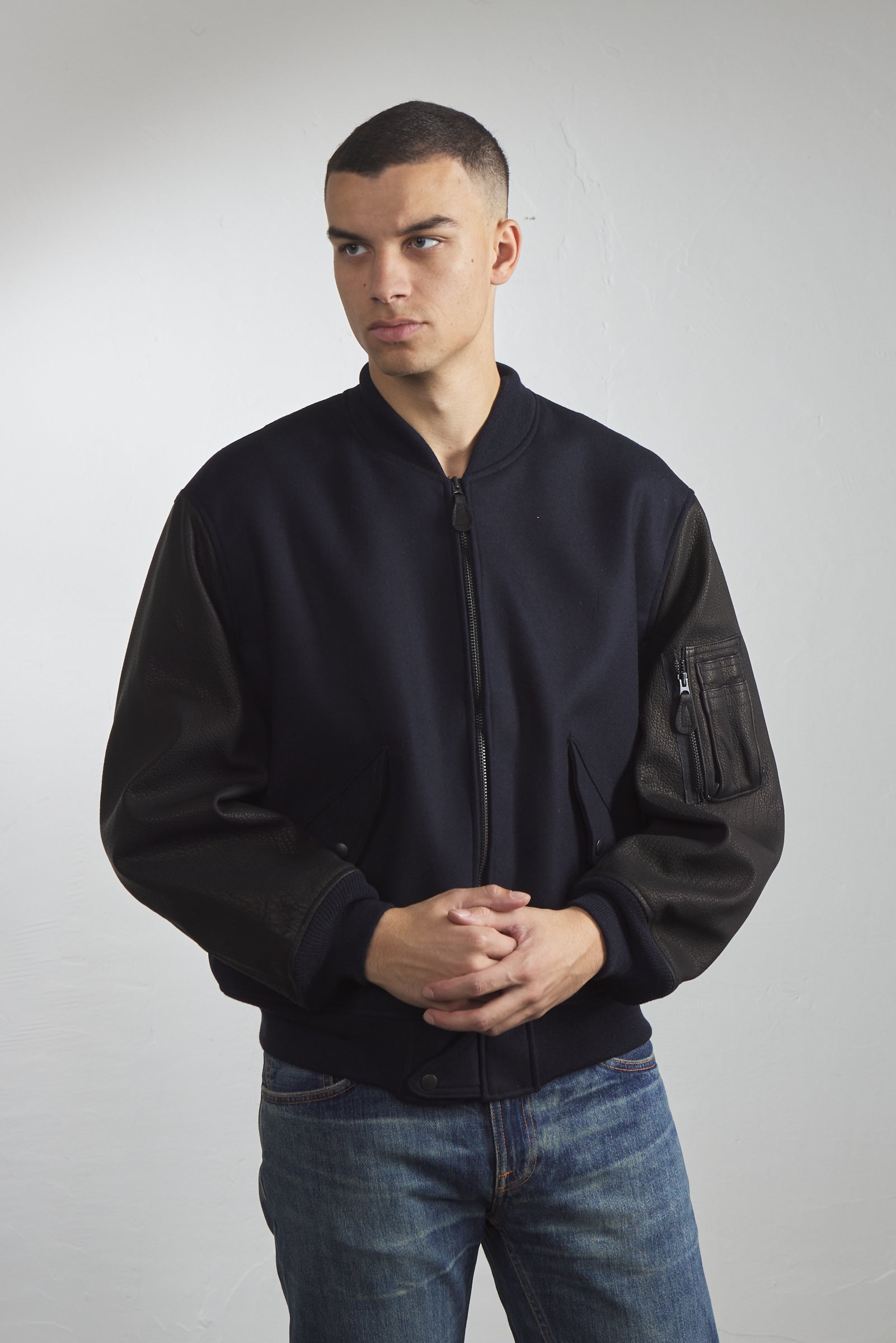 Kaptain Sunshine Melton Wool Bomber Jacket Navy