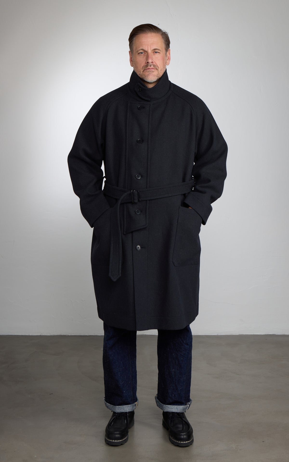 Kaptain Sunshine Stand Collar Coat Double Cloth Melton Charcoal