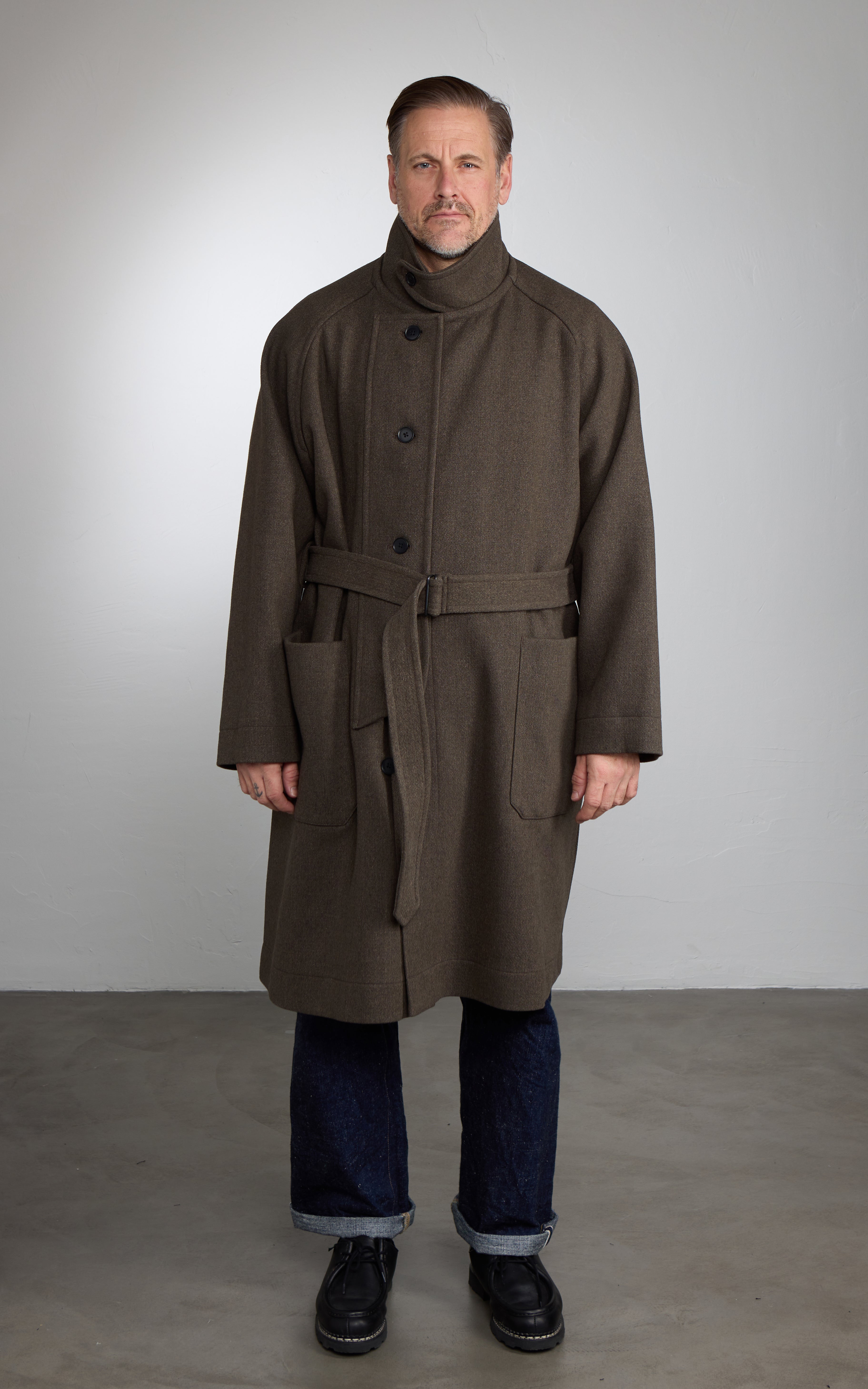 Kaptain Sunshine Stand Collar Coat Double Cloth Melton Moss