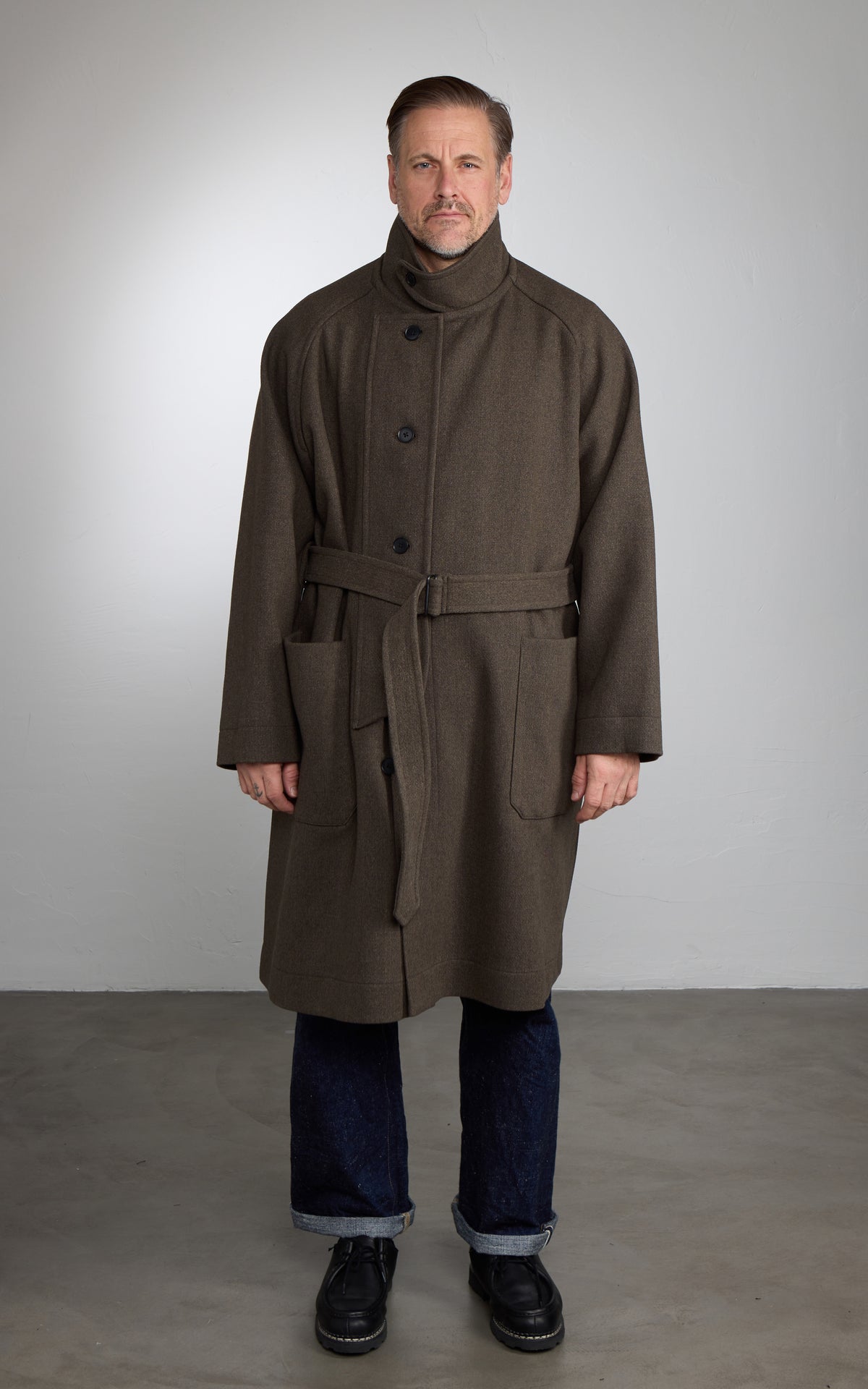 Kaptain Sunshine Stand Collar Coat Double Cloth Melton Moss