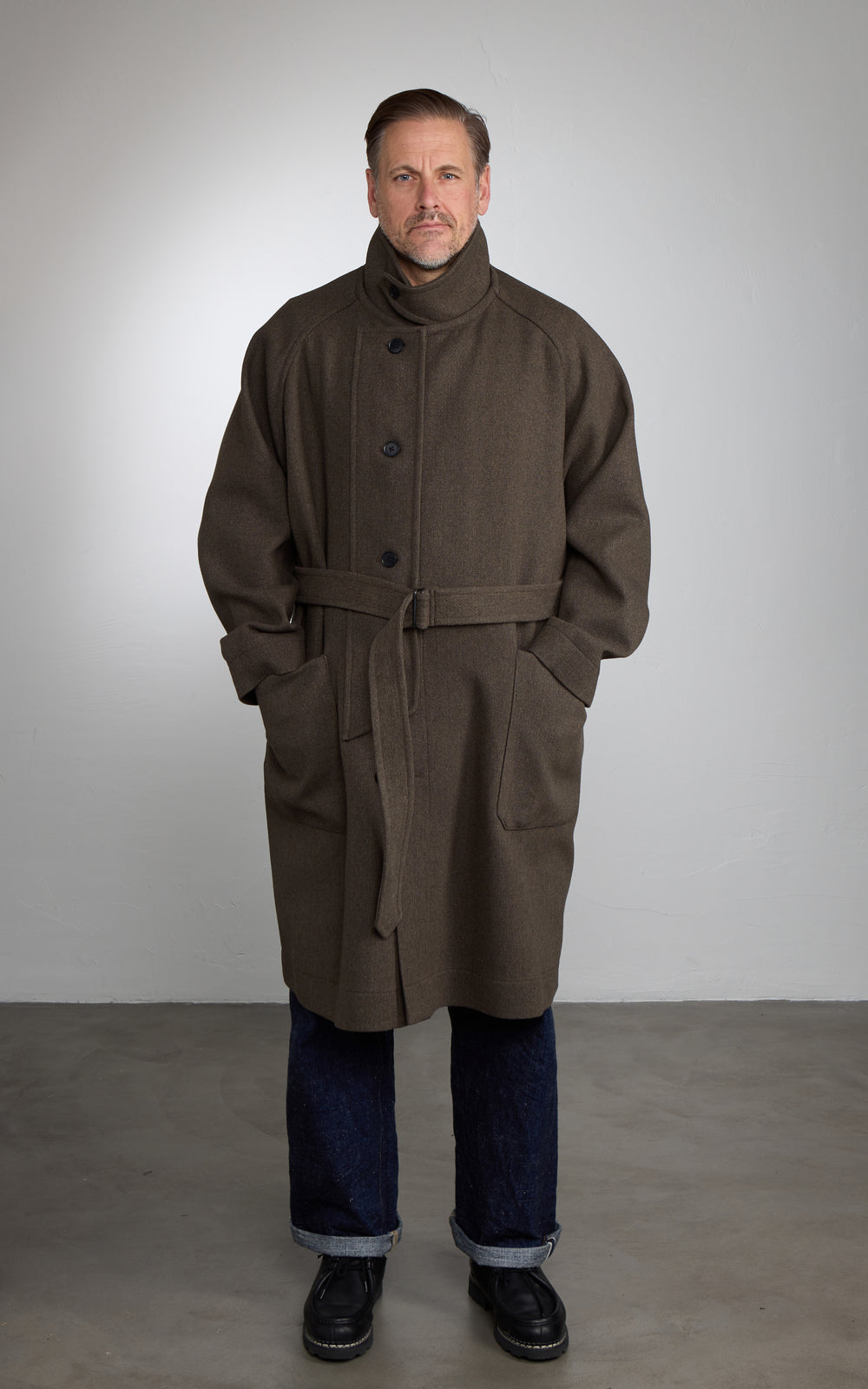Kaptain Sunshine Stand Collar Coat Double Cloth Melton Moss