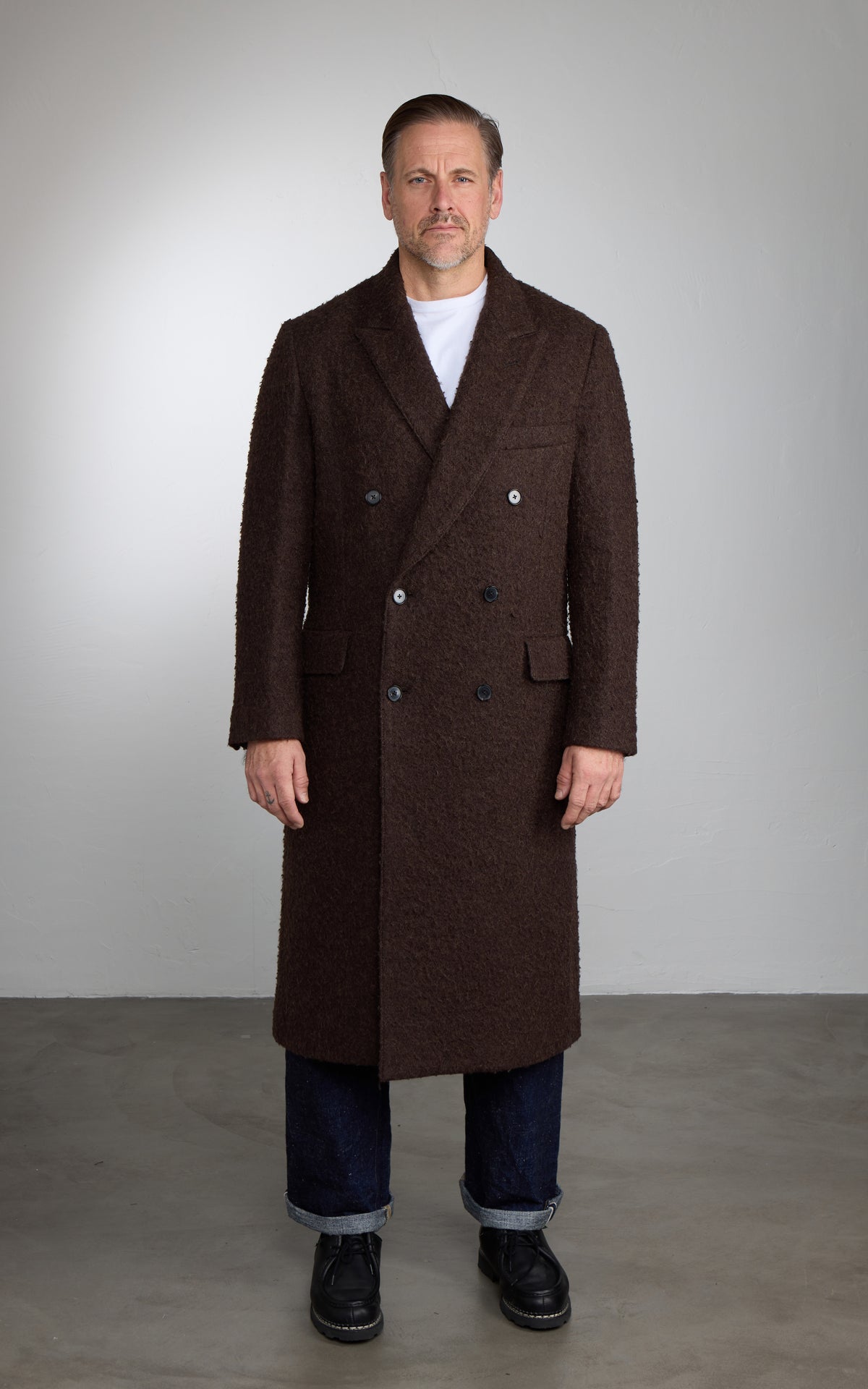 Kaptain Sunshine Double-Breasted Coat Napping Wool Cloth Top Brown