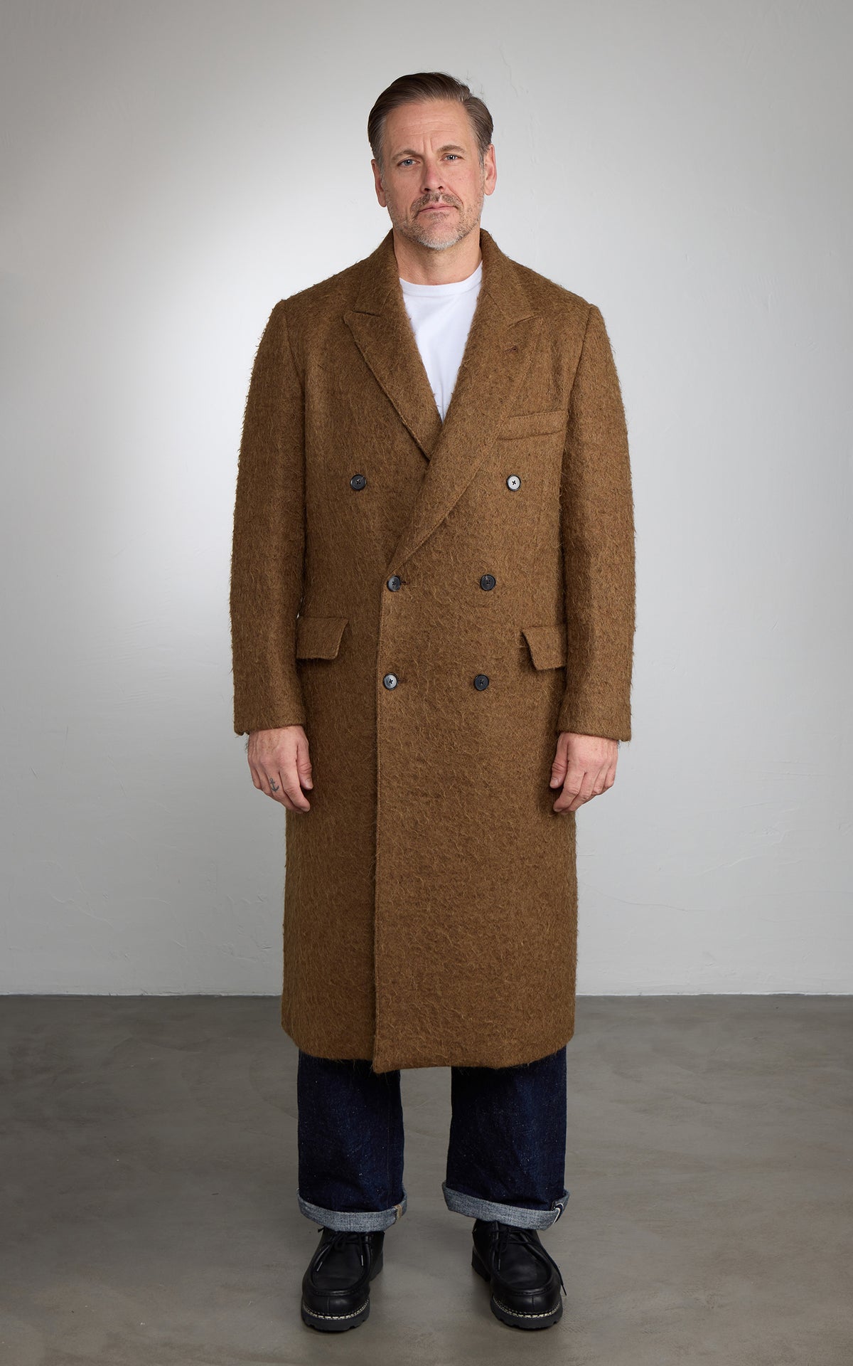 Kaptain Sunshine Double-Breasted Coat Napping Wool Cloth Top Khaki