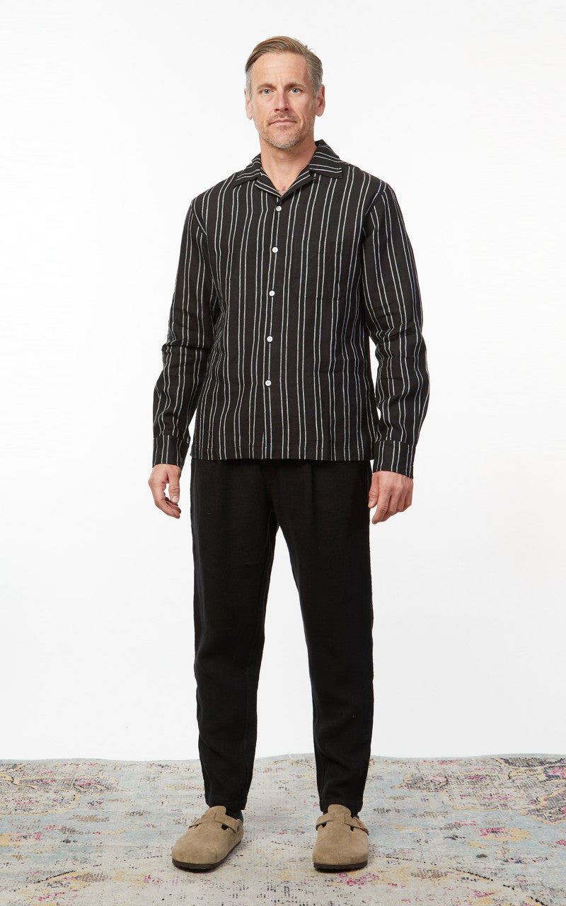 3sixteen LS Open Collar Linen Shirt Black Striped