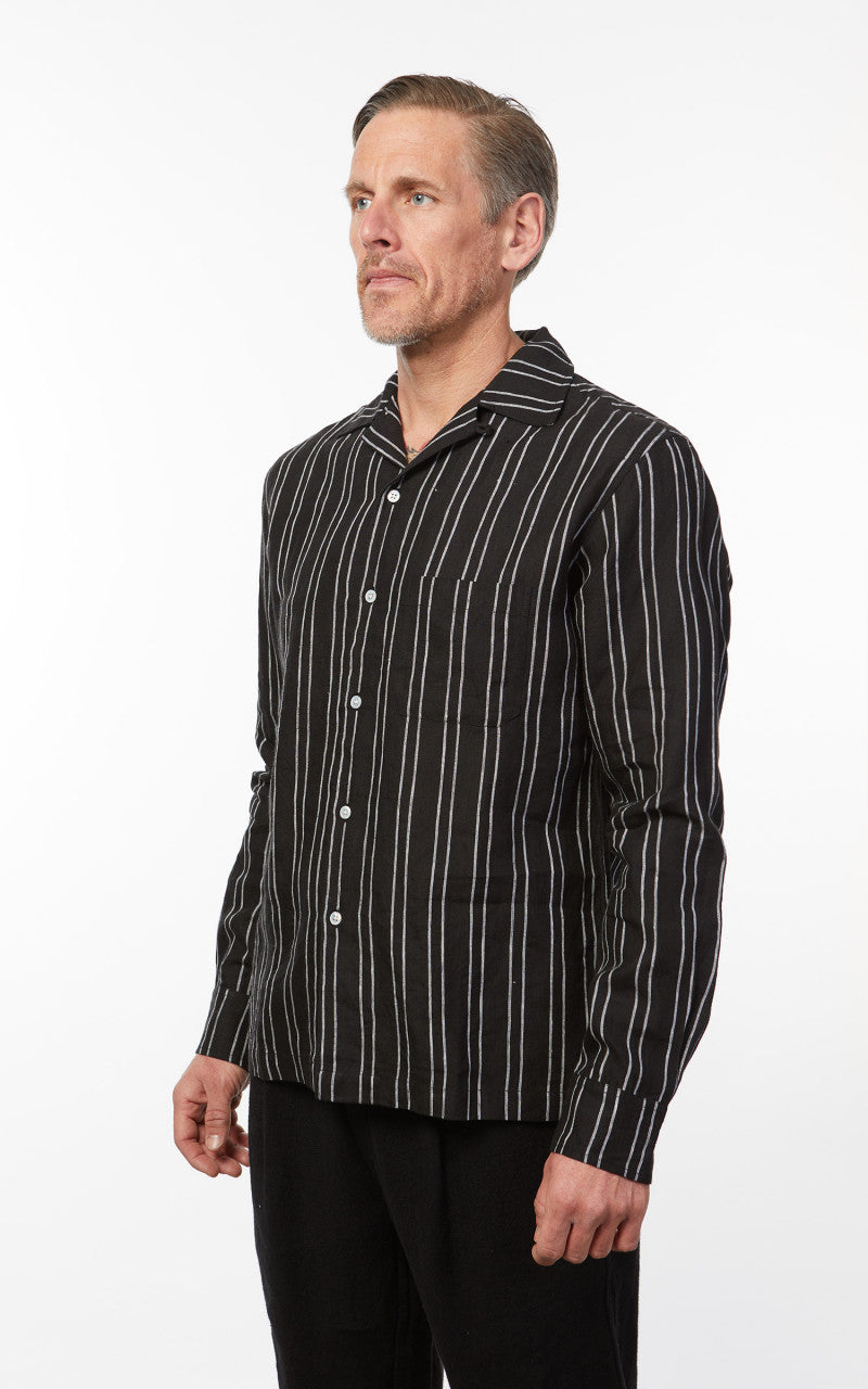 3sixteen LS Open Collar Linen Shirt Black Striped