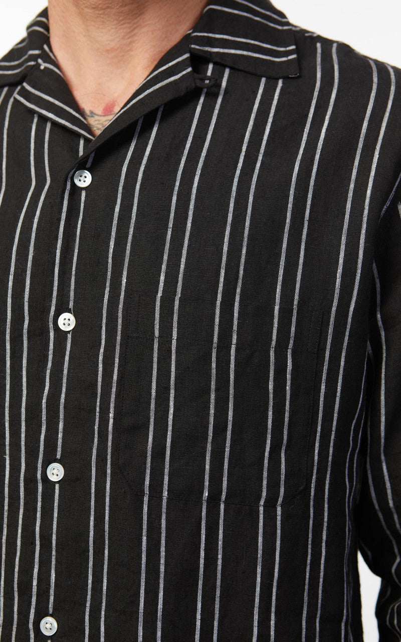 3sixteen LS Open Collar Linen Shirt Black Striped