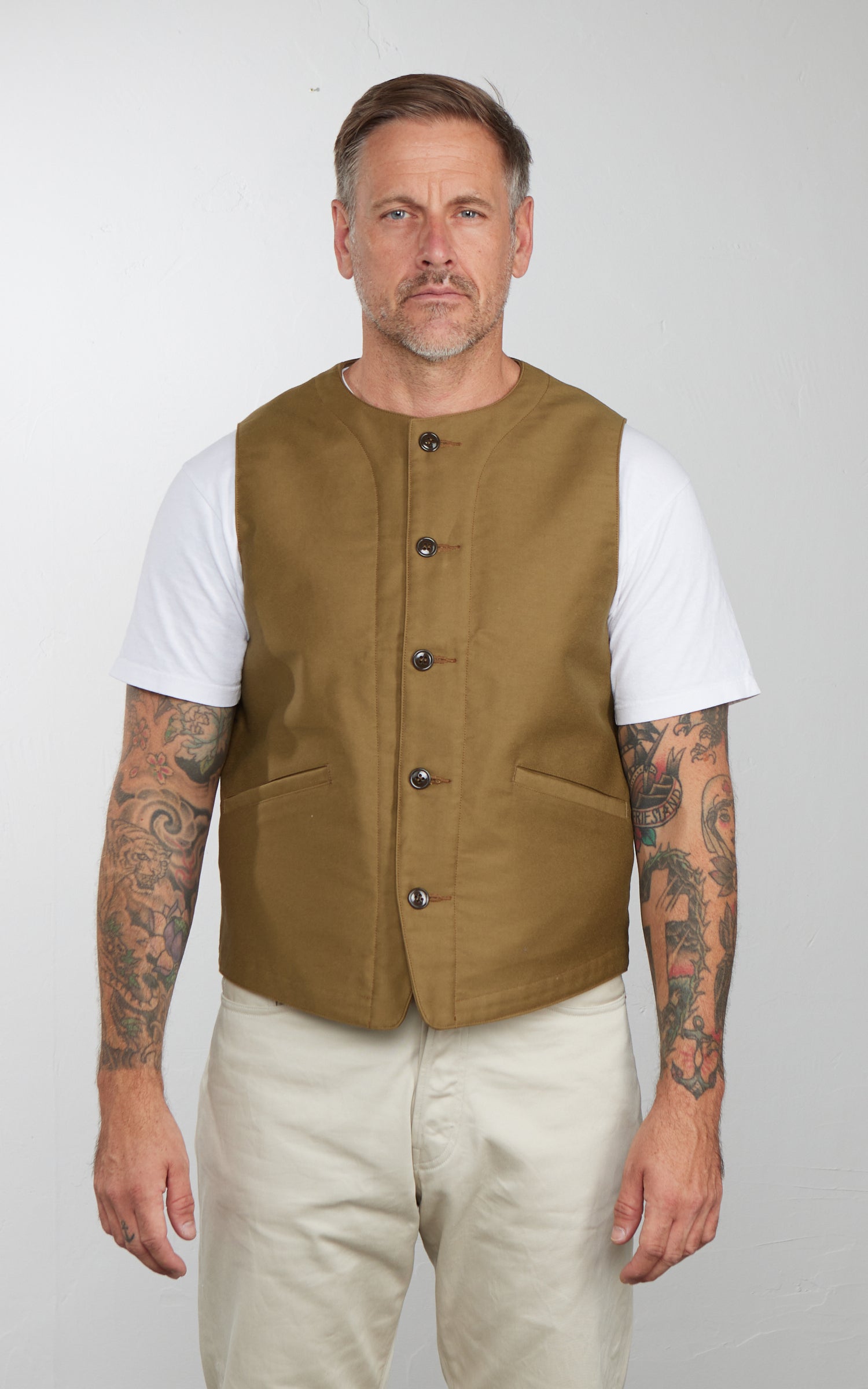 Lawford Lined Military Vest Moleskin Khaki