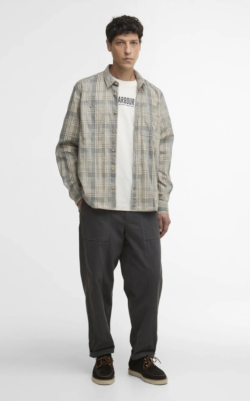 Barbour Maxwell Checked Patch Relaxed Shirt Grey Olive