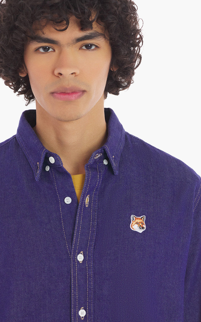 Maison Kitsuné Button Down Casual Shirt Fox Head Patch Indigo