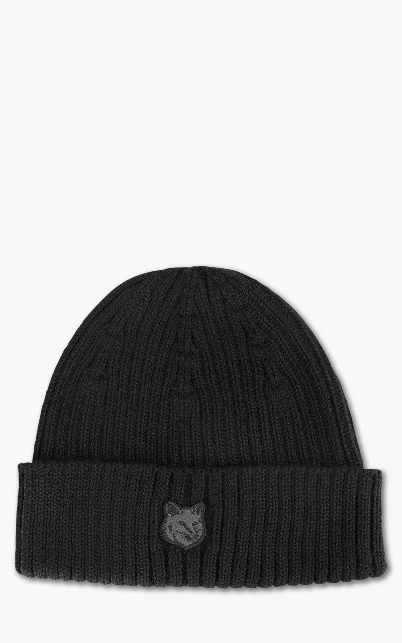 Maison Kitsuné Bold Fox Head Patch Ribbed Beanie Black