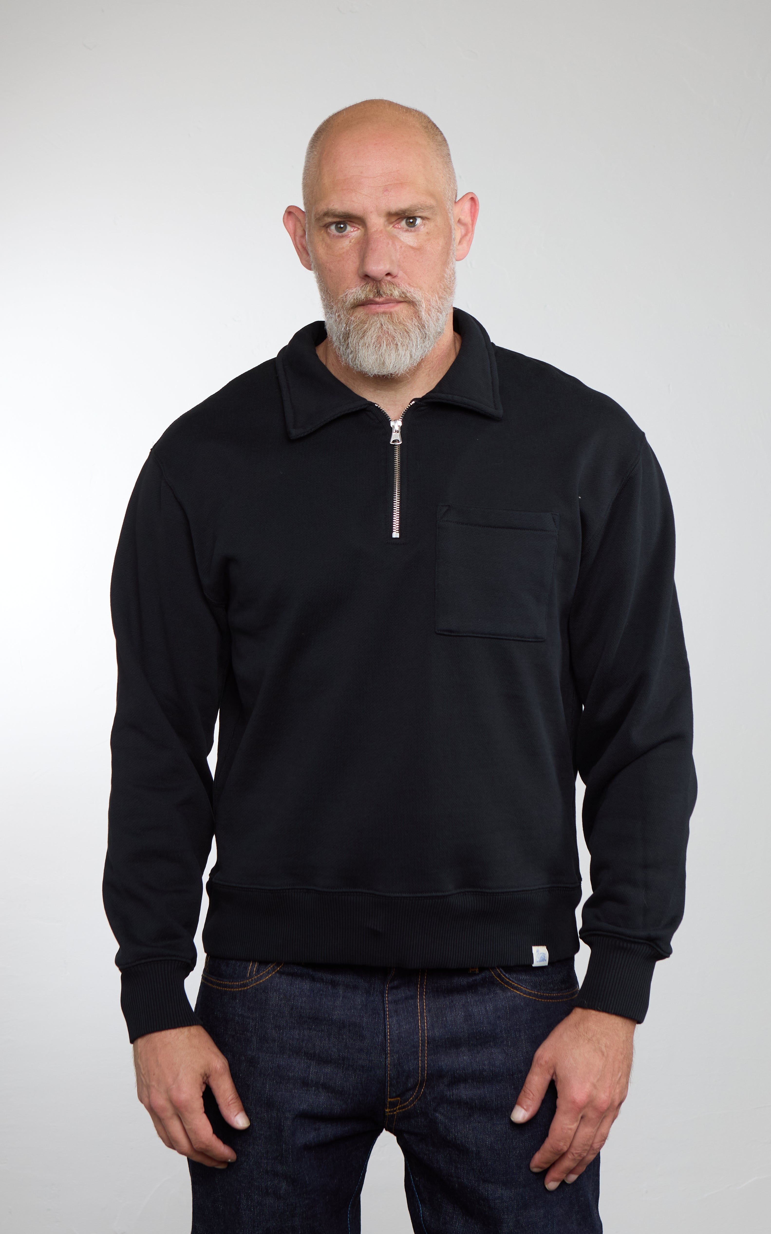 Merz b. Schwanen ZIP03 Authentic Fleece Polo Collared Half-Zip Cotton Sweatshirt Deep Black