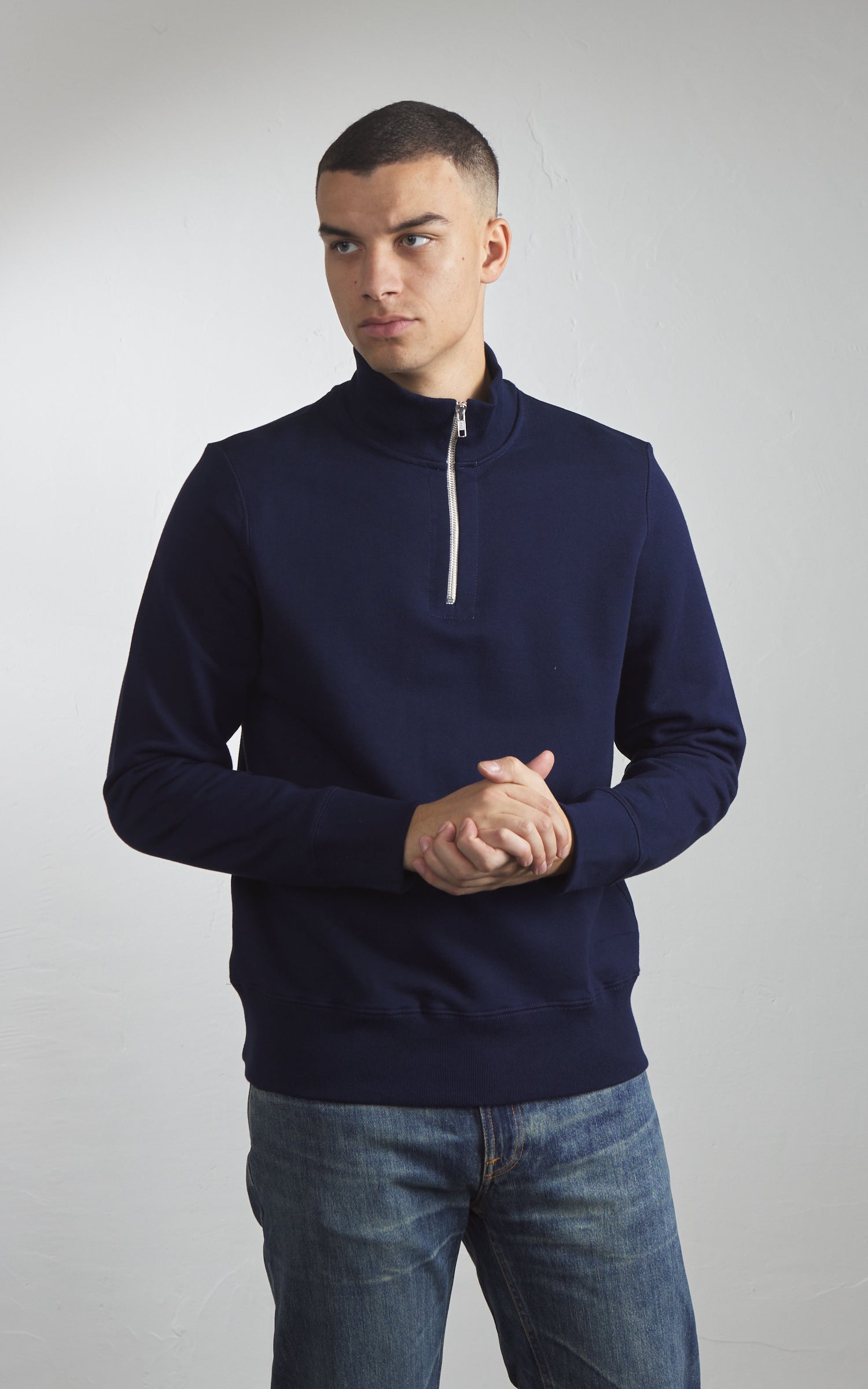 Merz b. Schwanen 343Z Sweatshirt Half Zip Mock Neck Ink Blue