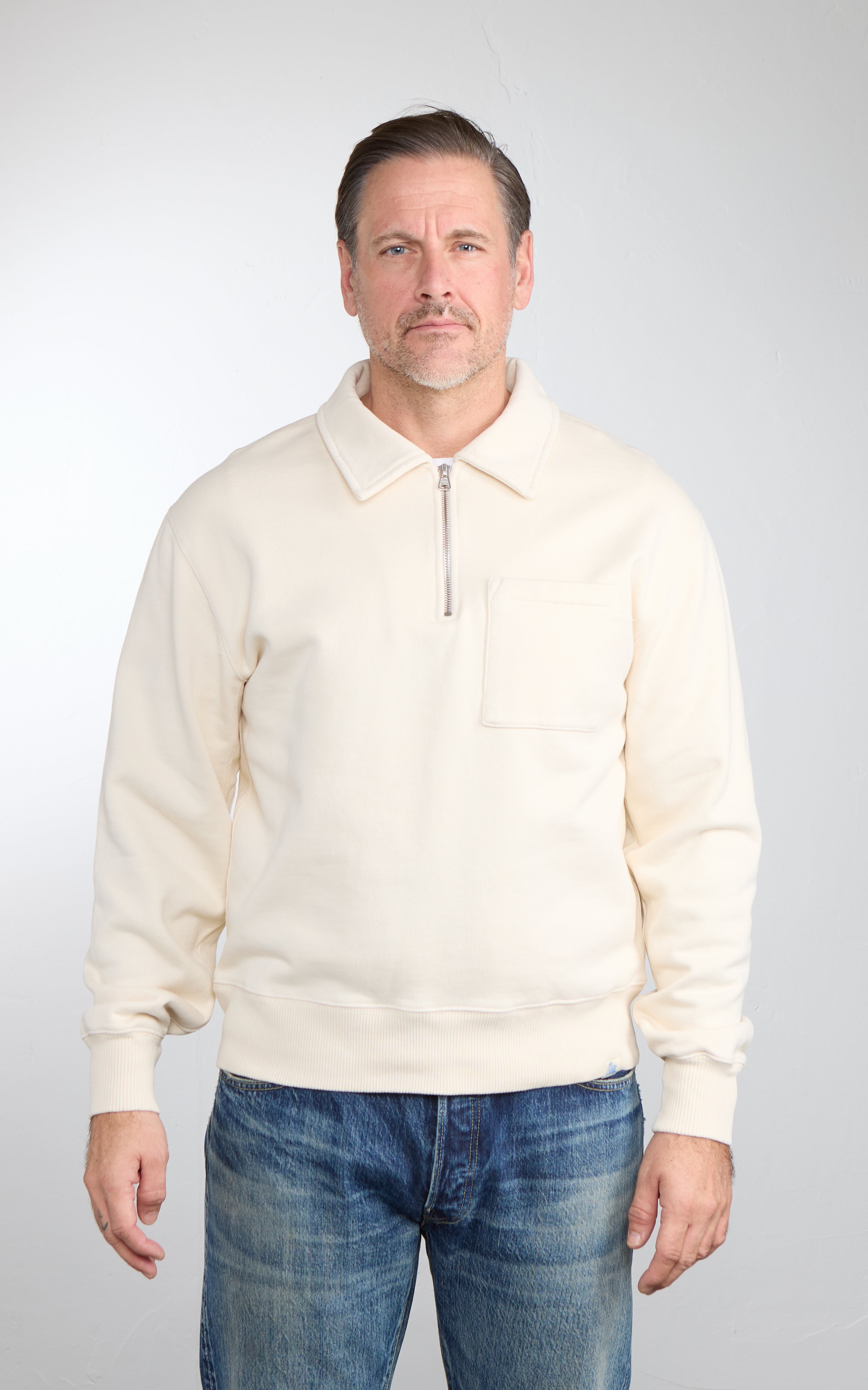 Merz b. Schwanen ZIP03 Authentic Fleece Polo Collared Half-Zip Cotton Sweatshirt Nature