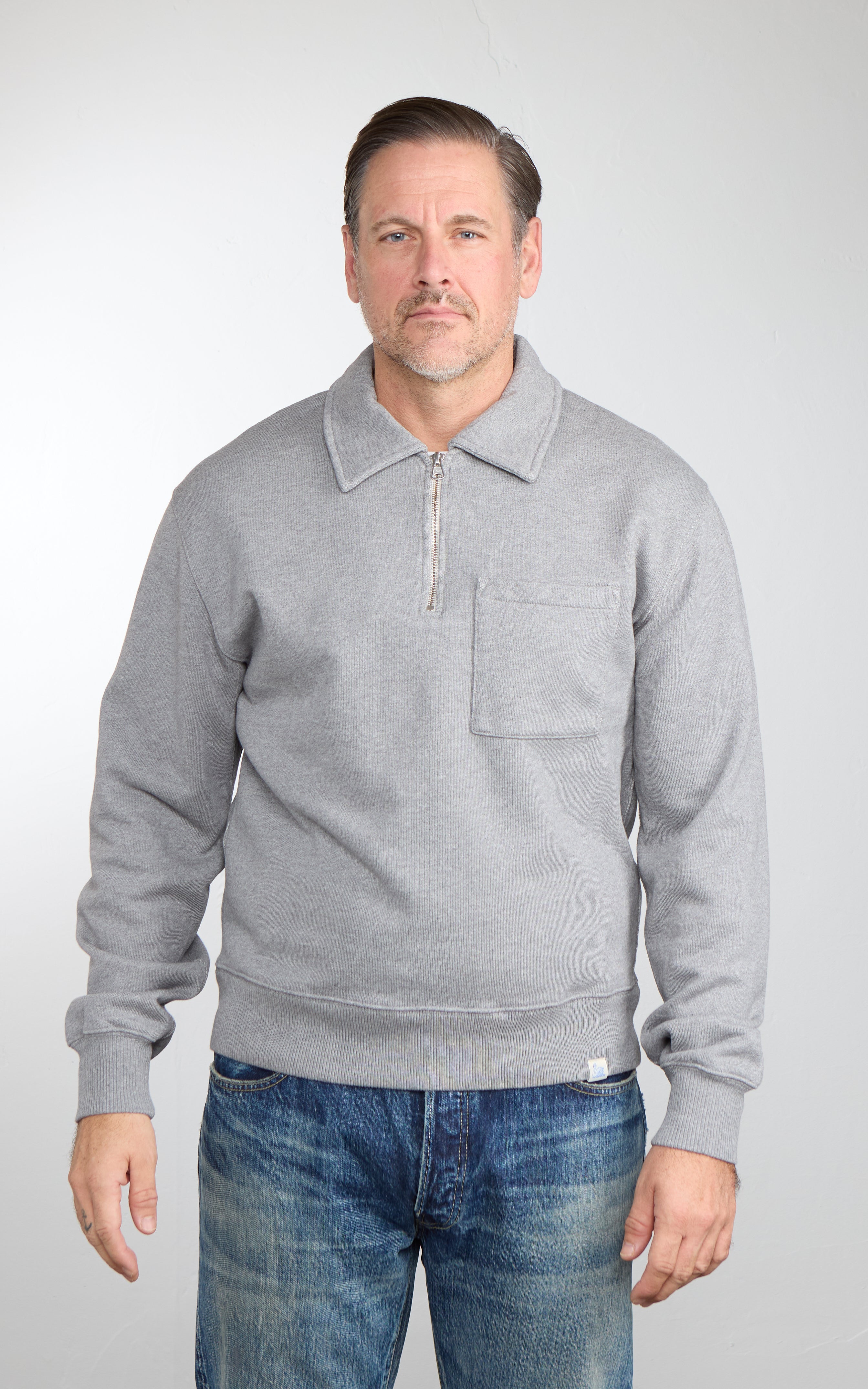 Merz b. Schwanen ZIP03 Authentic Fleece Polo Collared Half-Zip Cotton Sweatshirt Grey Melange