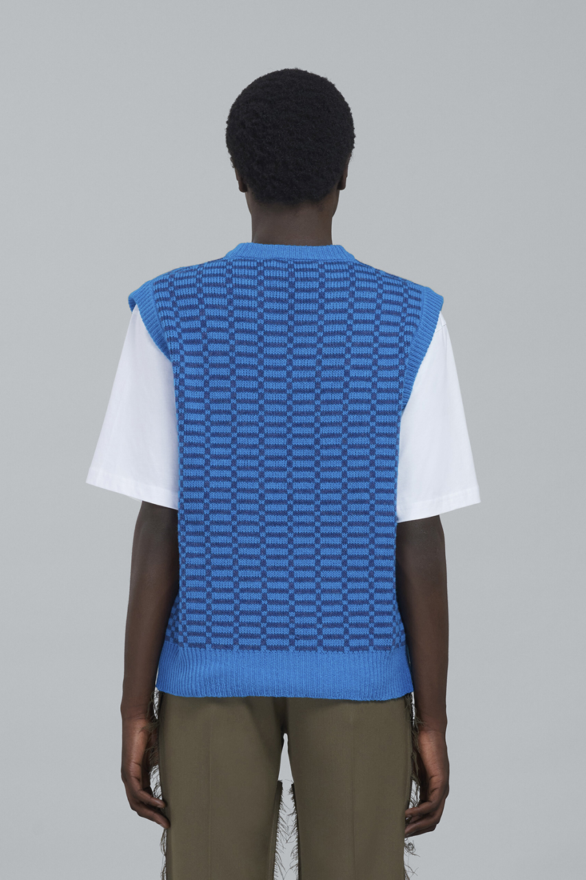 Marni V-Neck Vest Shetland Check Virgin Wool Vivid Blue