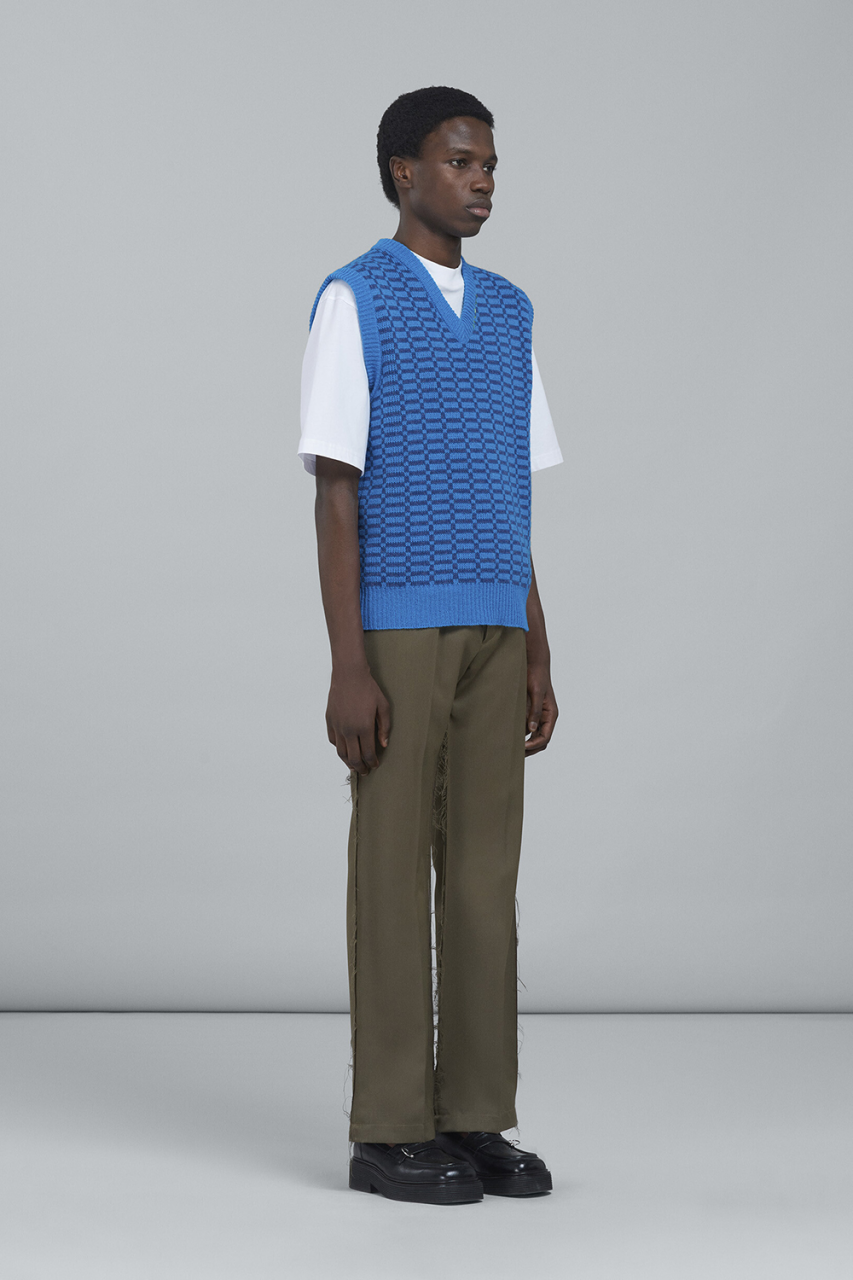 Marni V-Neck Vest Shetland Check Virgin Wool Vivid Blue