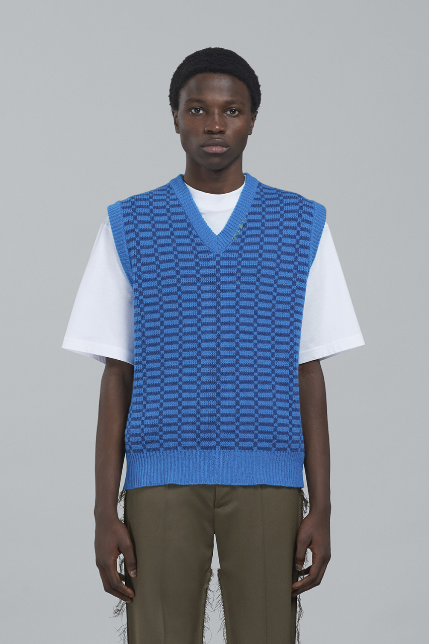 Marni V-Neck Vest Shetland Check Virgin Wool Vivid Blue
