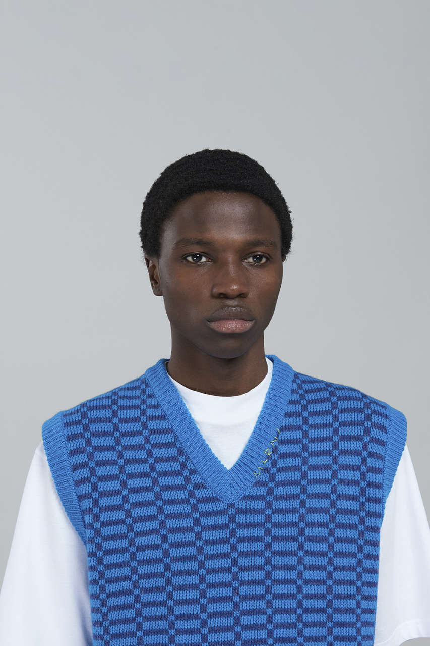 Marni V-Neck Vest Shetland Check Virgin Wool Vivid Blue