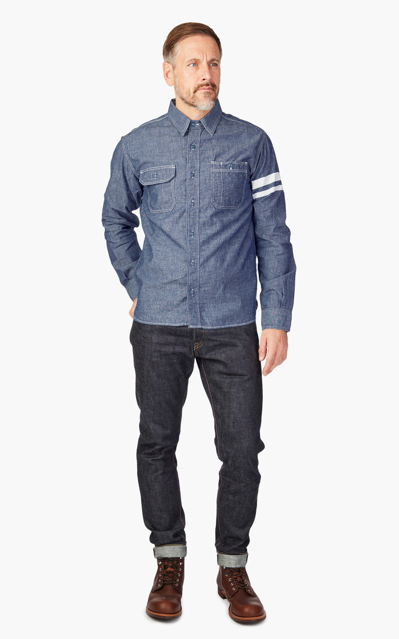 Momotaro Jeans MS044S GTB Stripe 5oz Chambray Work Shirt Indigo