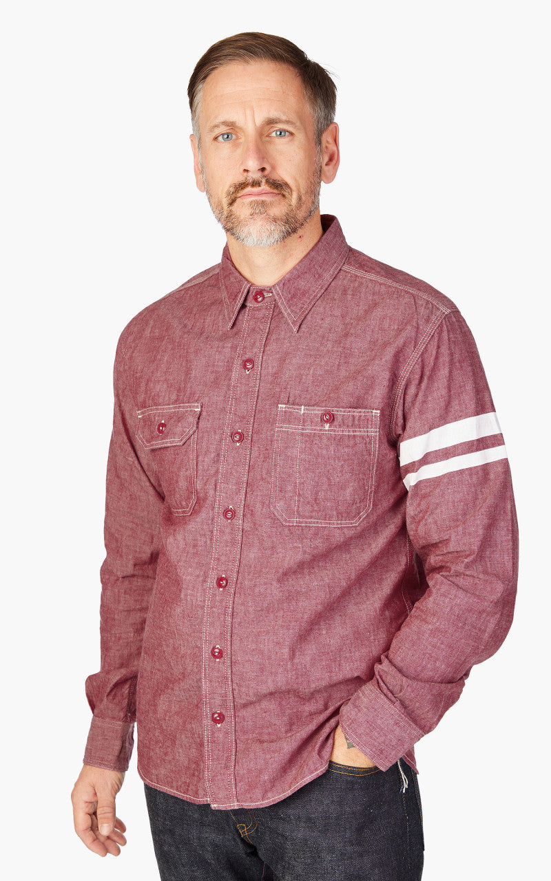 Momotaro Jeans MS044S GTB Stripe 5oz Chambray Work Shirt Red