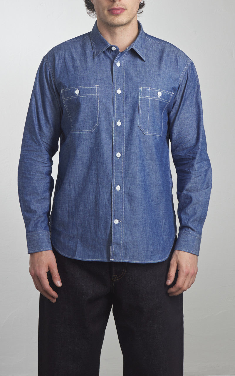 Momotaro Jeans MALS1001 Triple Stitch L/S Chambray Shirt Indigo 5oz