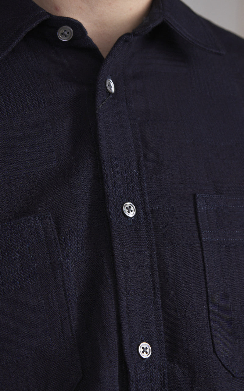 Momotaro Jeans MXLS1026 Indigo Dyed Sashiko Jacquard Shirt Indigo