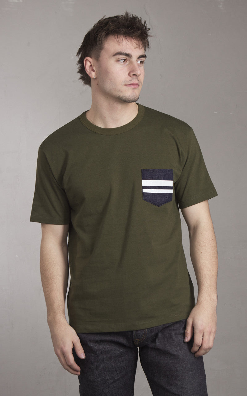 Momotaro Jeans MZTS0003 GTB Denim Pocket T-Shirt Olive Drab 8.5oz