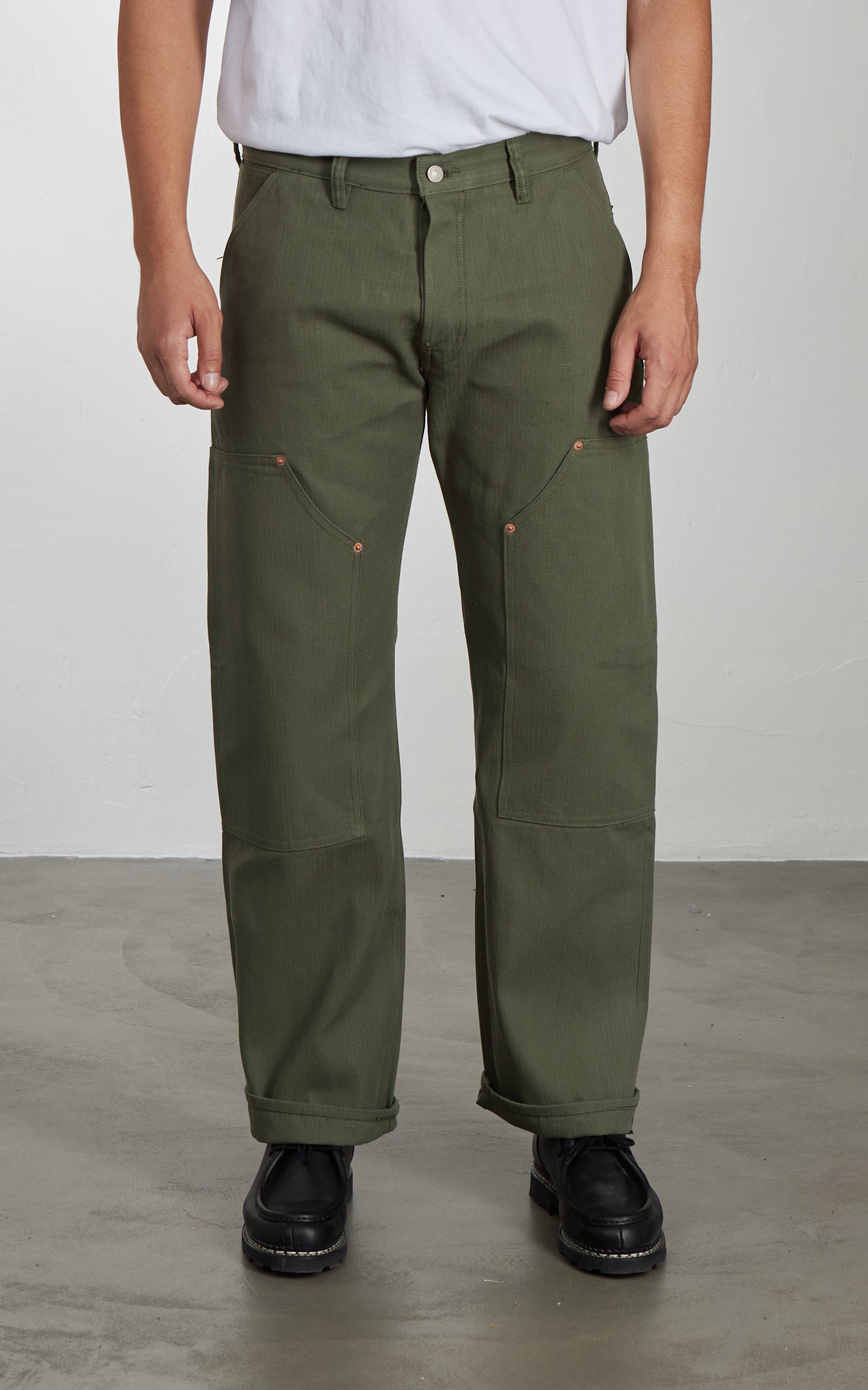 NBDN Haven Herringbone Selvedge Carpenter Pants Olive Green 15.5oz
