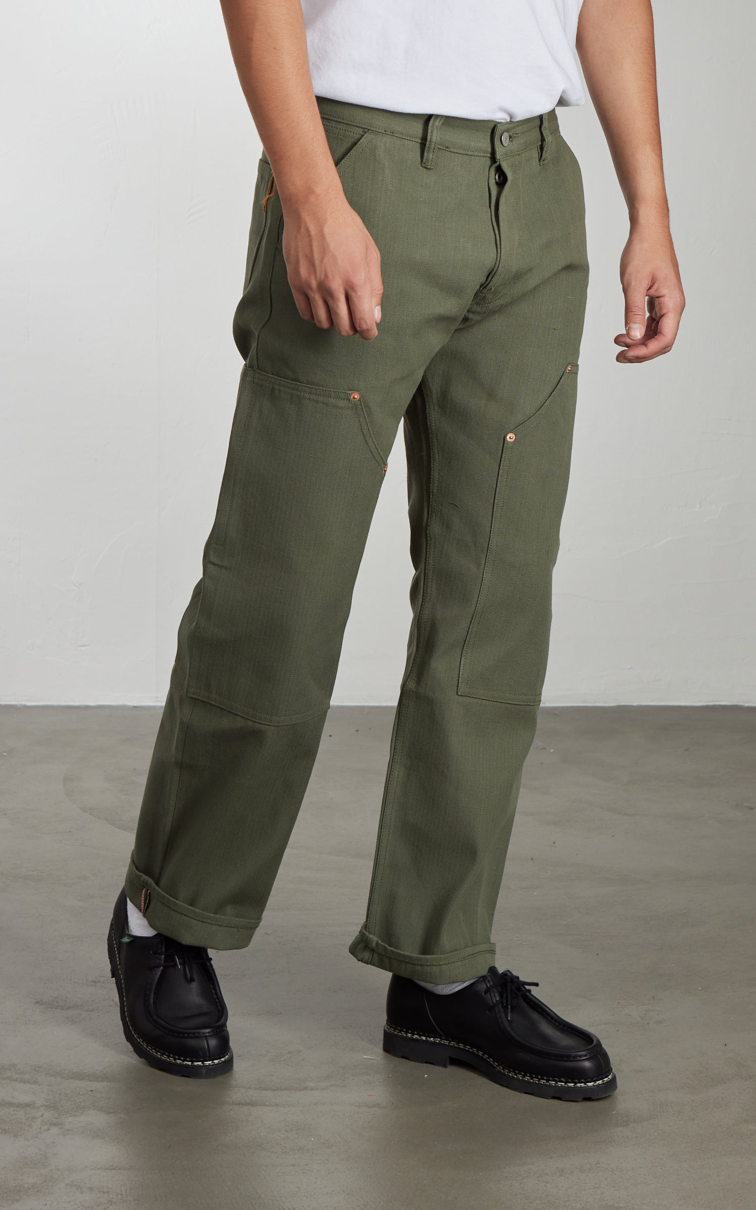 NBDN Haven Herringbone Selvedge Carpenter Pants Olive Green 15.5oz