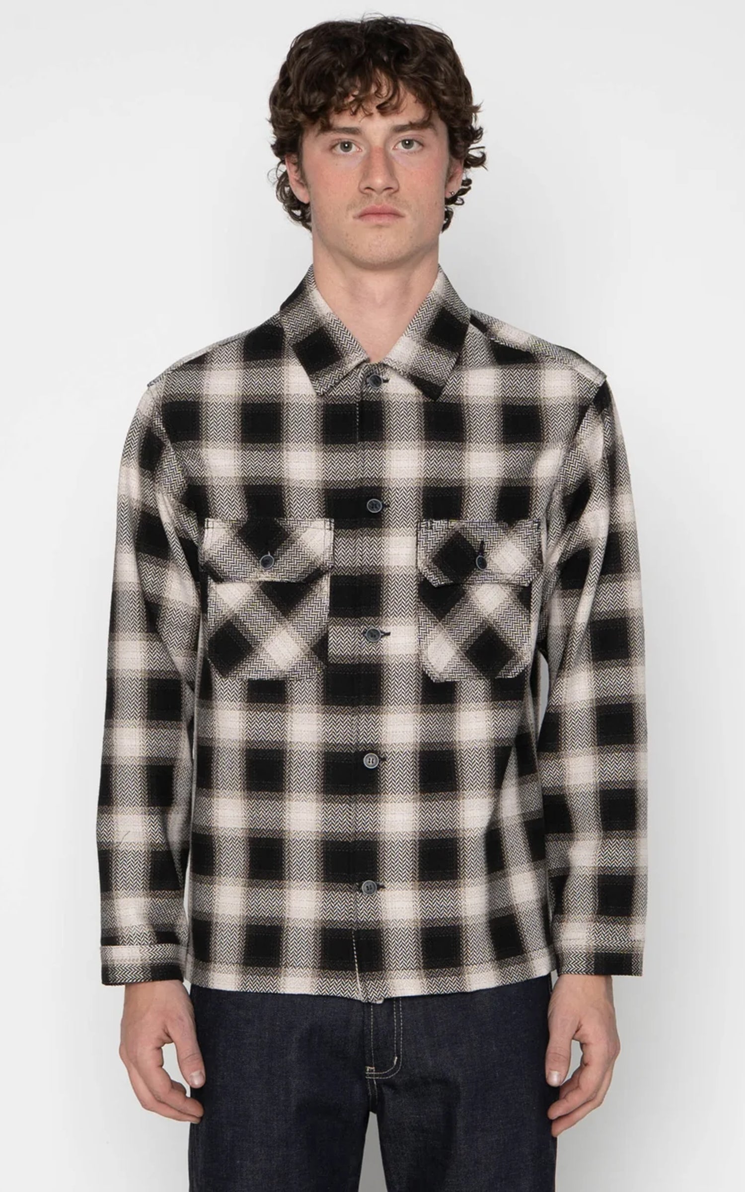 Naked & Famous Work Shirt Trippy Ombre Plaid Ivory