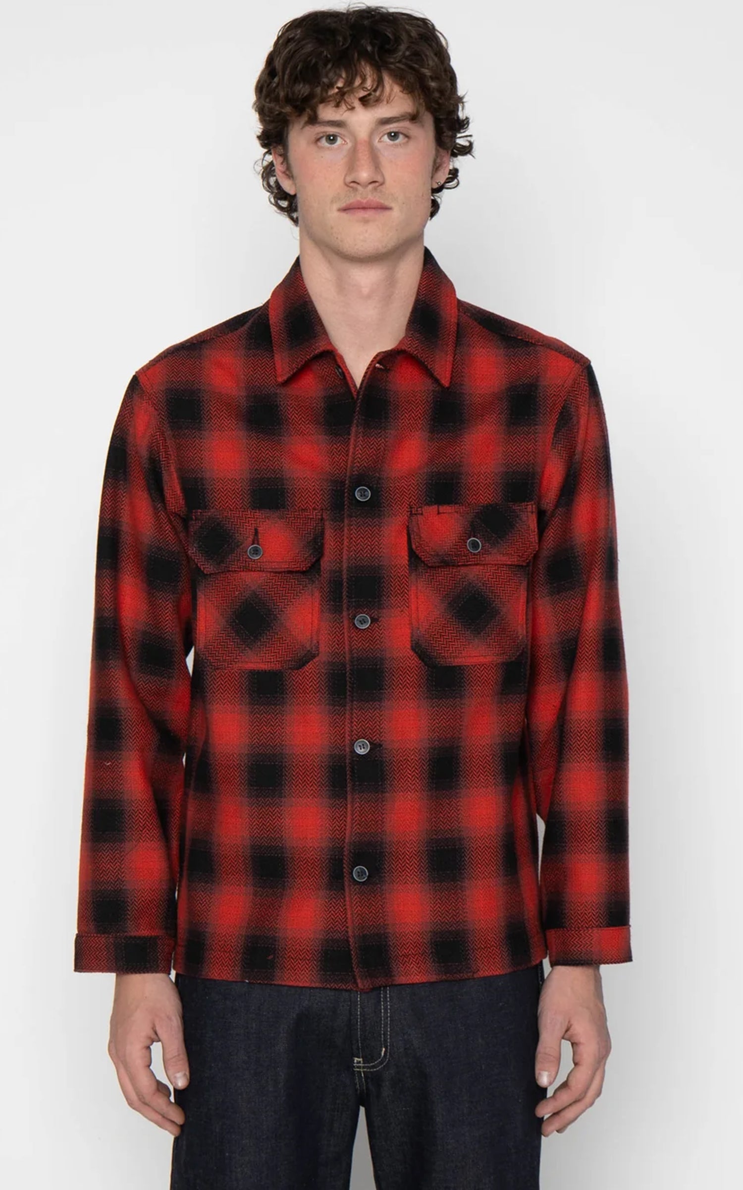 Naked & Famous Work Shirt Trippy Ombre Plaid Red