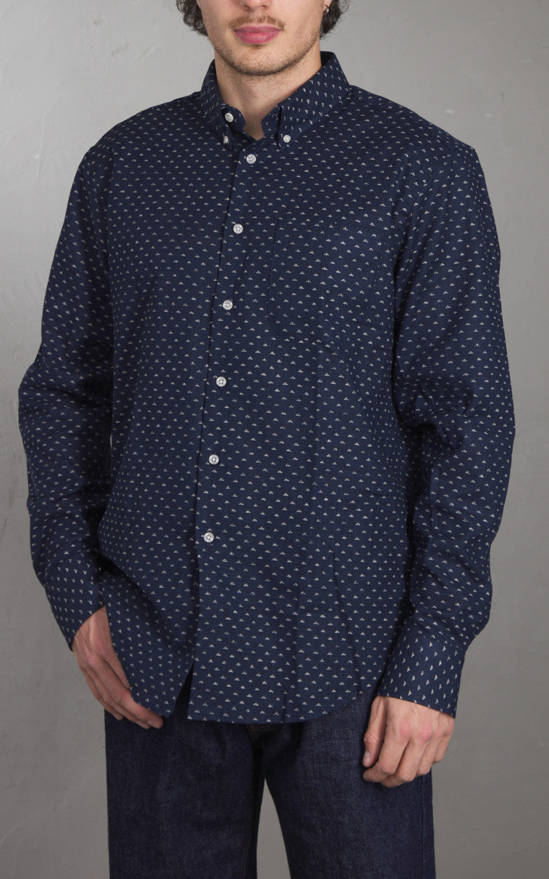 Naked & Famous Denim Easy Shirt Kimono Triangles Print Indigo