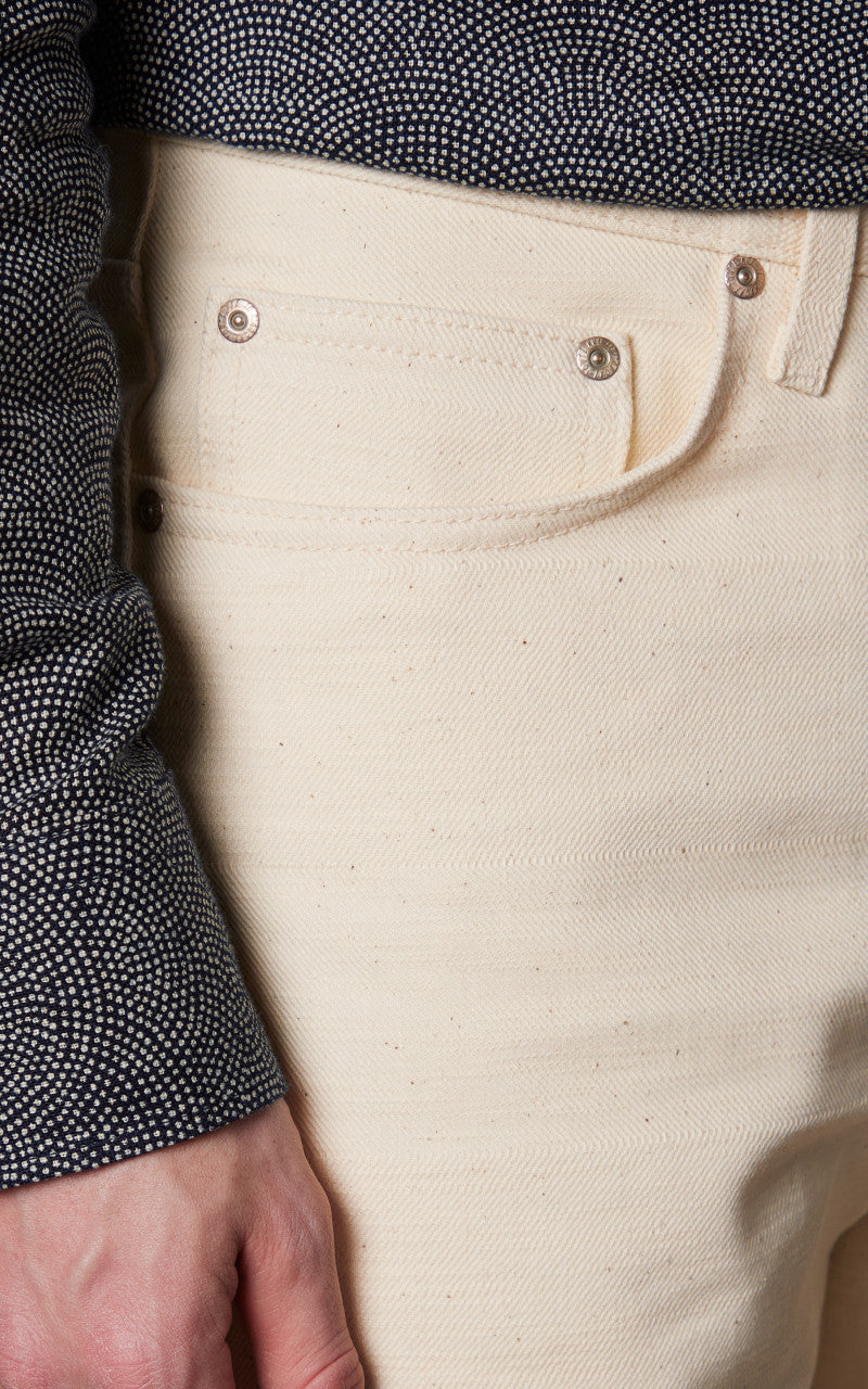 Naked & Famous Denim Weird Guy Undyed Frankenstein Denim Ecru