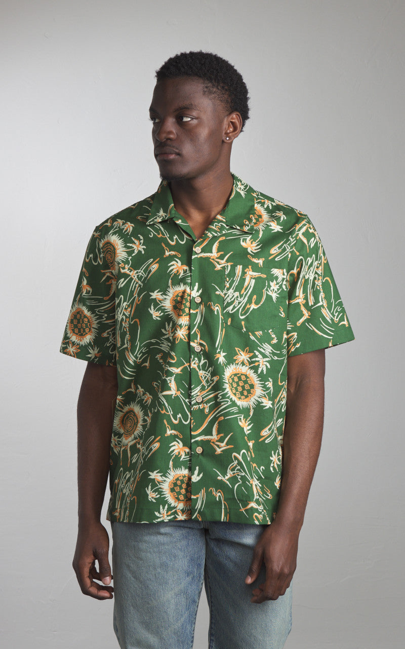 Naked & Famous Denim Aloha Shirt Waikiki Waves Green