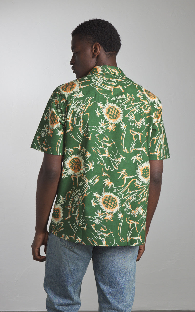 Naked & Famous Denim Aloha Shirt Waikiki Waves Green