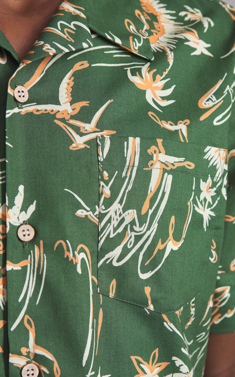 Naked & Famous Denim Aloha Shirt Waikiki Waves Green