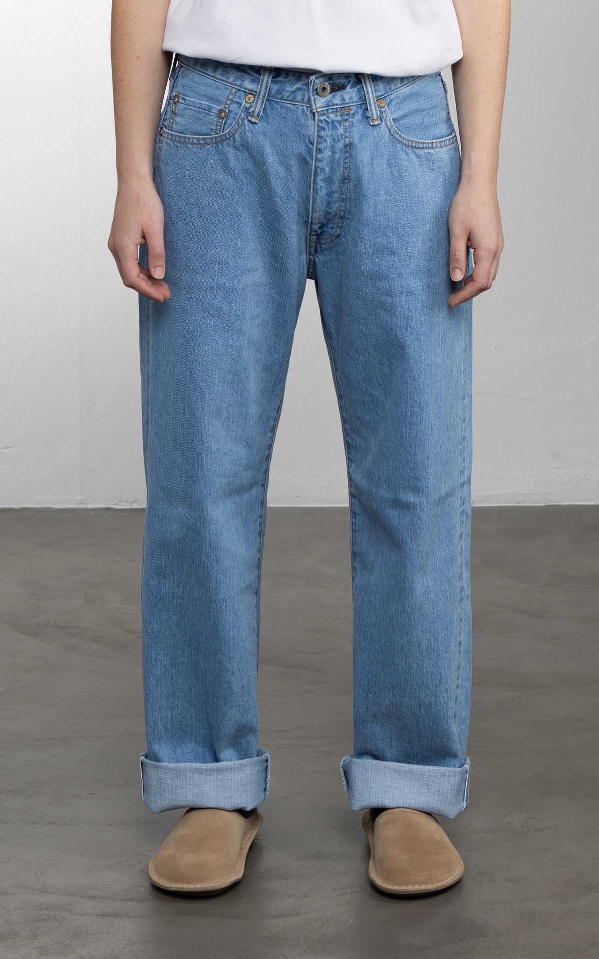 ONI Denim L720-12Z Bio Stone Bleach Ladies Wide Straight Selvedge Denim Indigo 12oz
