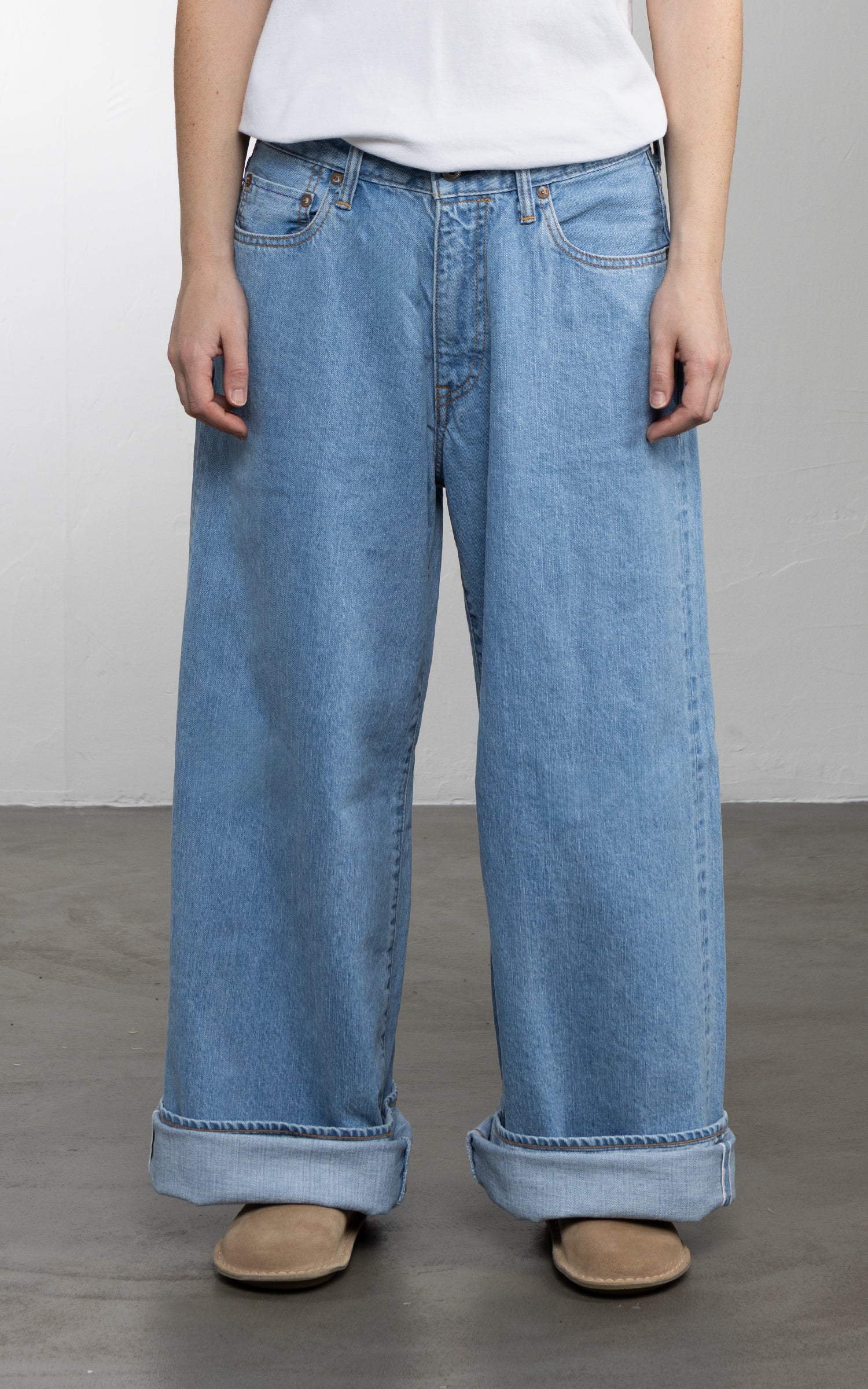 ONI Denim L722-12Z Bio Stone Bleach Ladies Super Wide Straight Selvedge Denim Indigo 12oz
