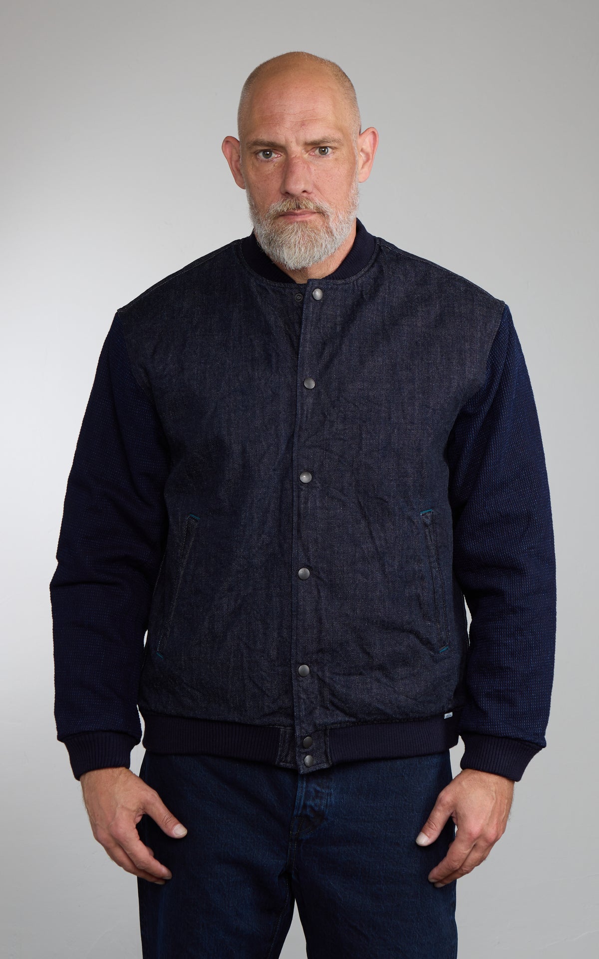 Omoto Denim 3925 Varsity Jacket Cube Sashiko Denim Indigo