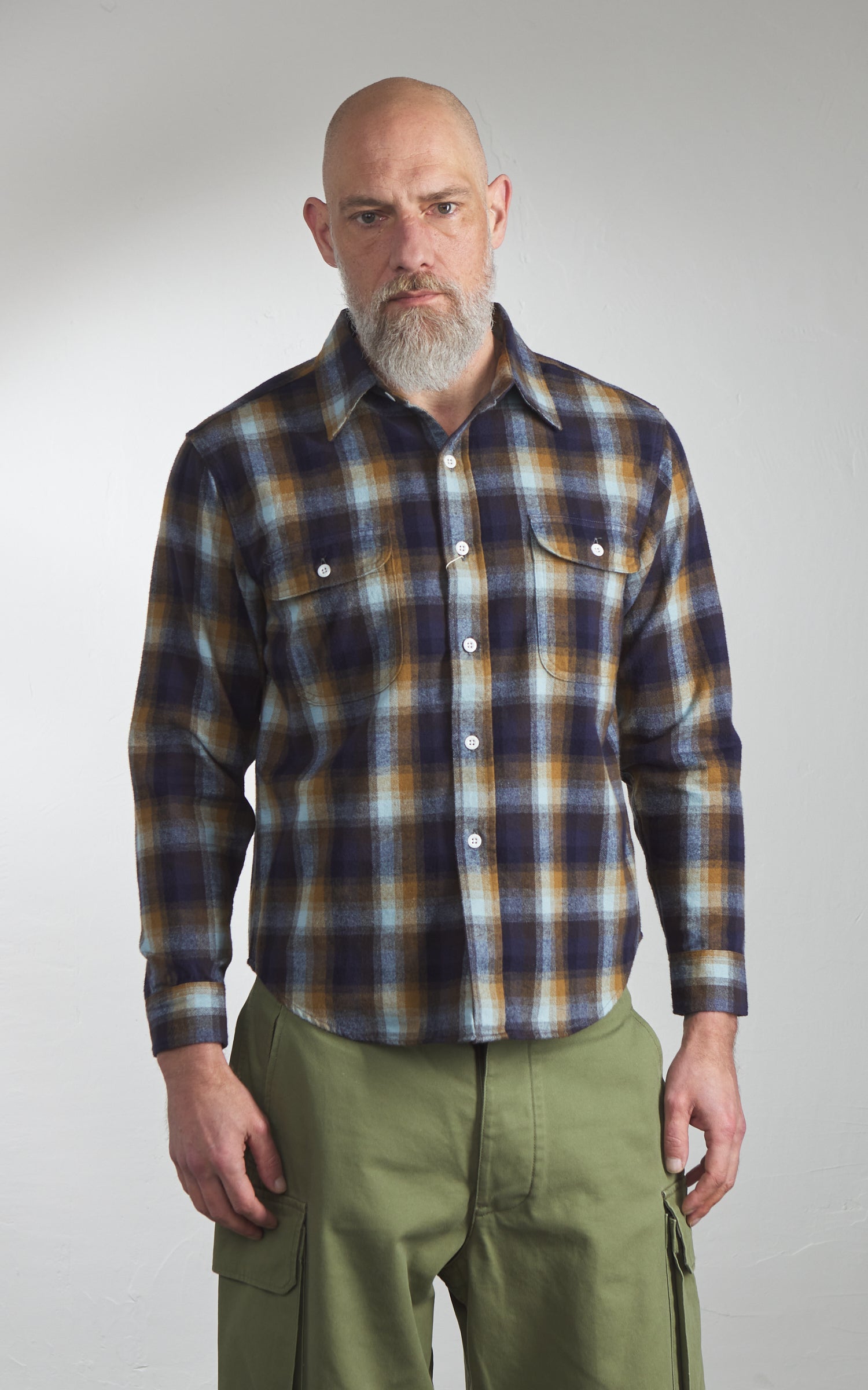 Pherrow's 25W-650WS-C Flannel Work Shirt Navy x Sax Check