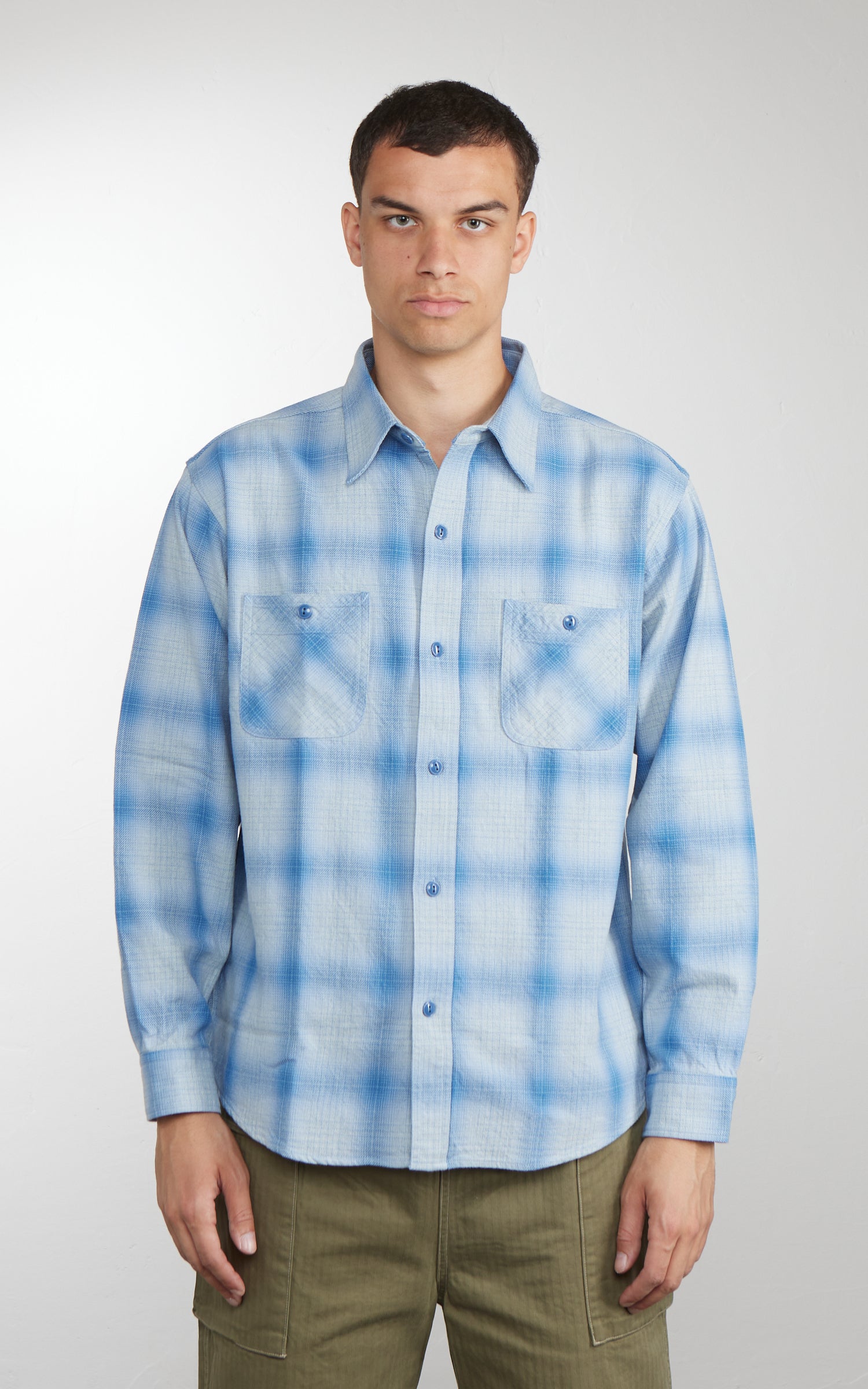Pherrow's 26S-731SN Ombre Check Flannel Shirt Indigo x Sax