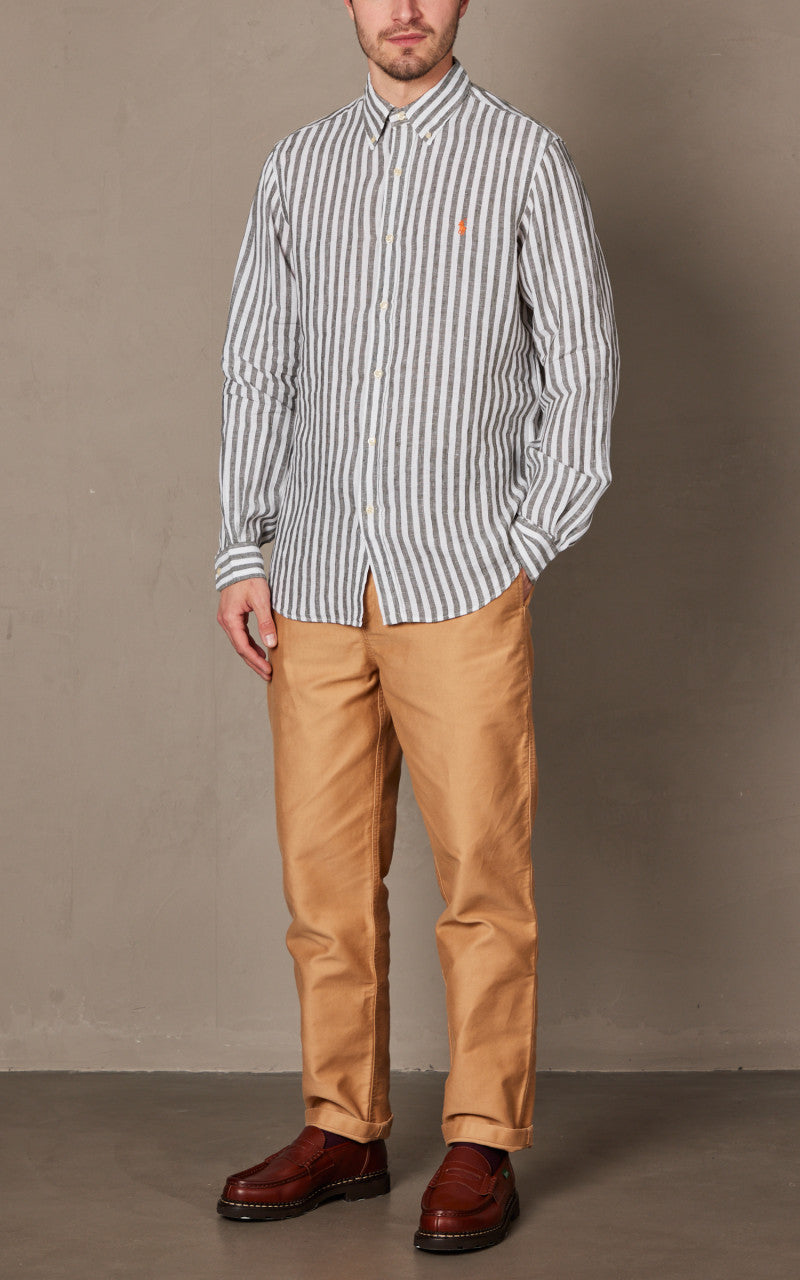 Polo Ralph Lauren Custom Fit Striped Linen Shirt Olive/White