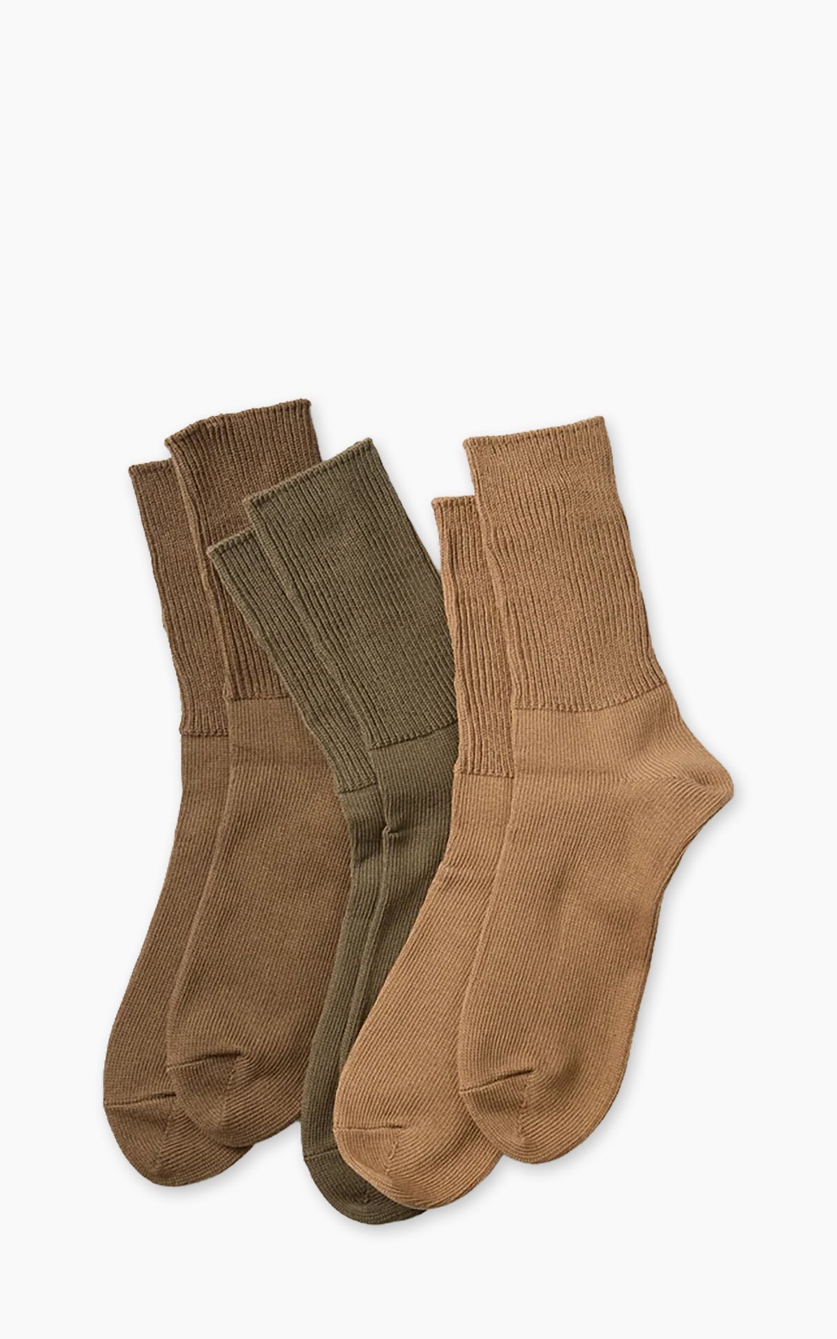 Rototo R1427 Organic Daily 3-Pack Ribbed Crew Socks Khaki Tones