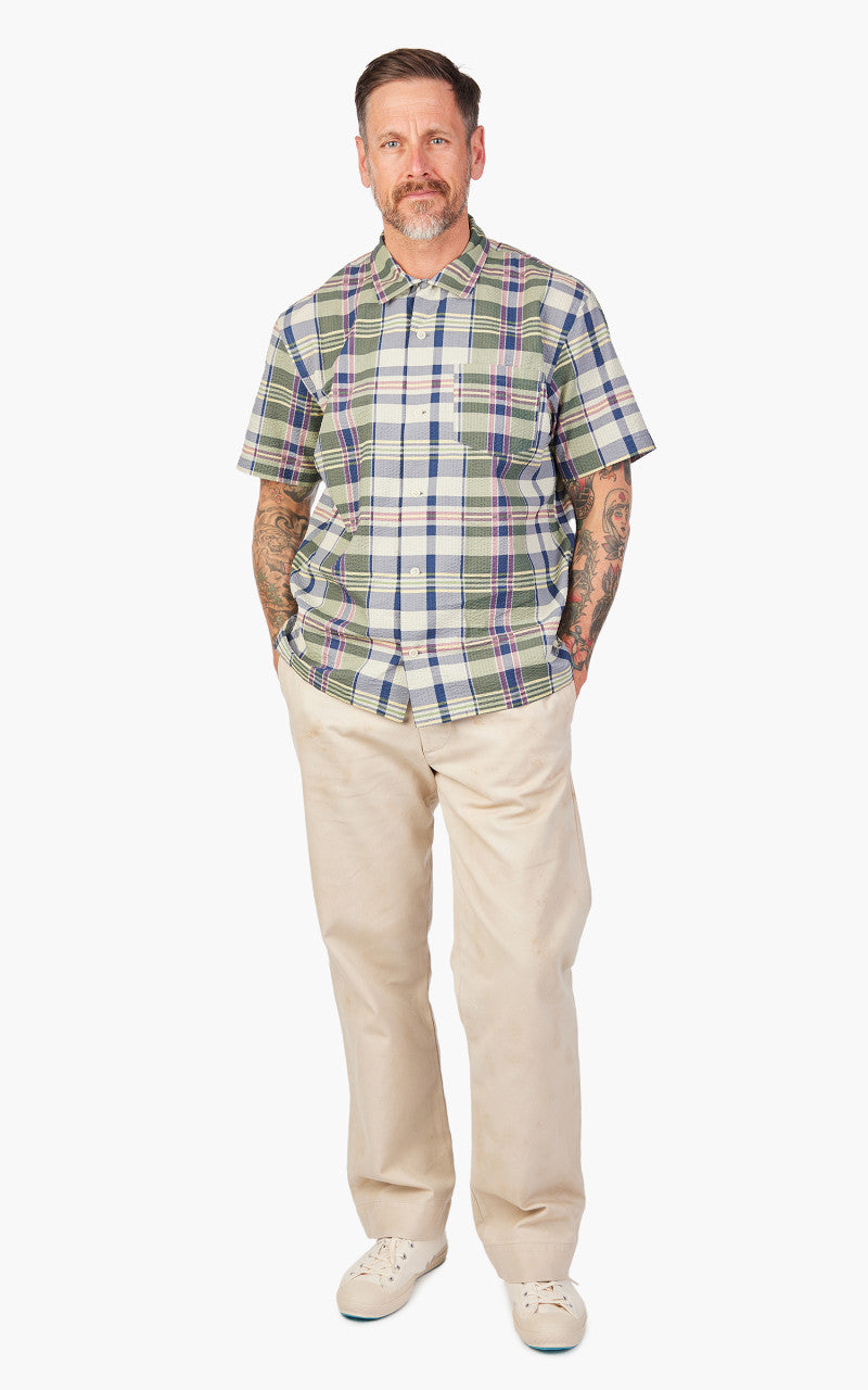 RRL Camp Shirt Madras-Print Seersucker Green/Cream/Muli