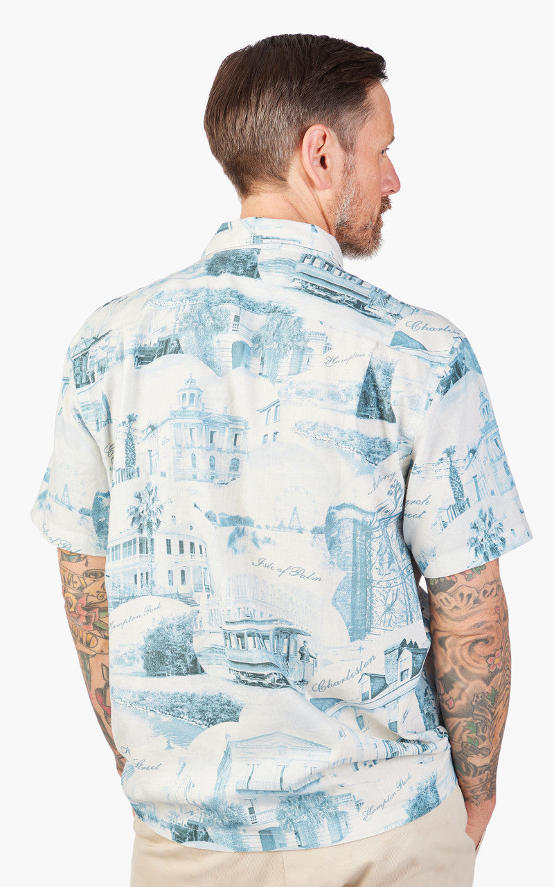 RRL Camp Shirt Postcard-Print Linen-Cotton Cream/Blue