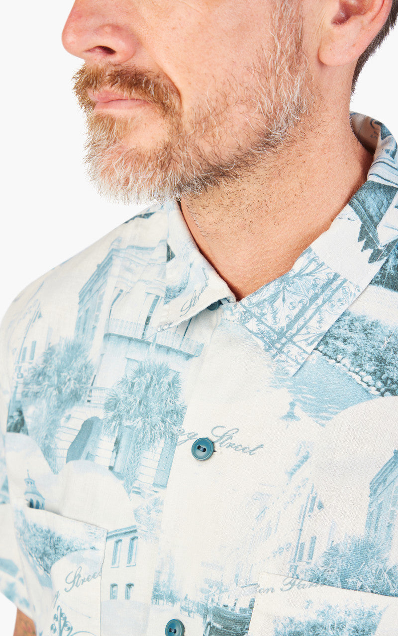 RRL Camp Shirt Postcard-Print Linen-Cotton Cream/Blue