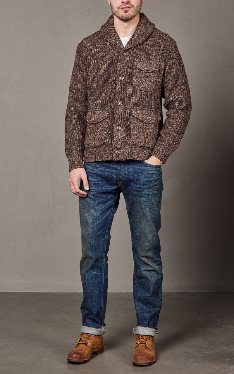 RRL Suede-Trim Marled Shawl Cardigan Brown Tan Marl