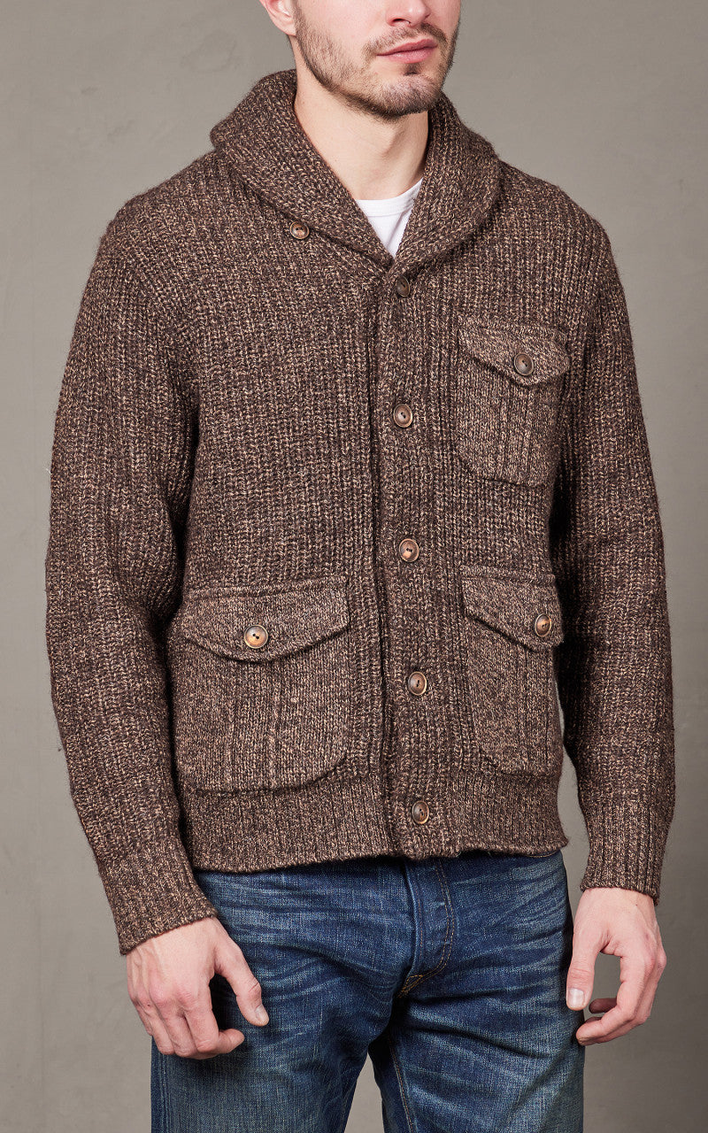 RRL Suede-Trim Marled Shawl Cardigan Brown Tan Marl