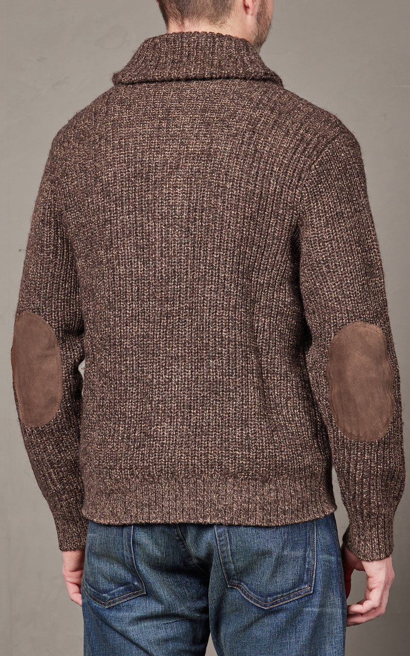 RRL Suede-Trim Marled Shawl Cardigan Brown Tan Marl